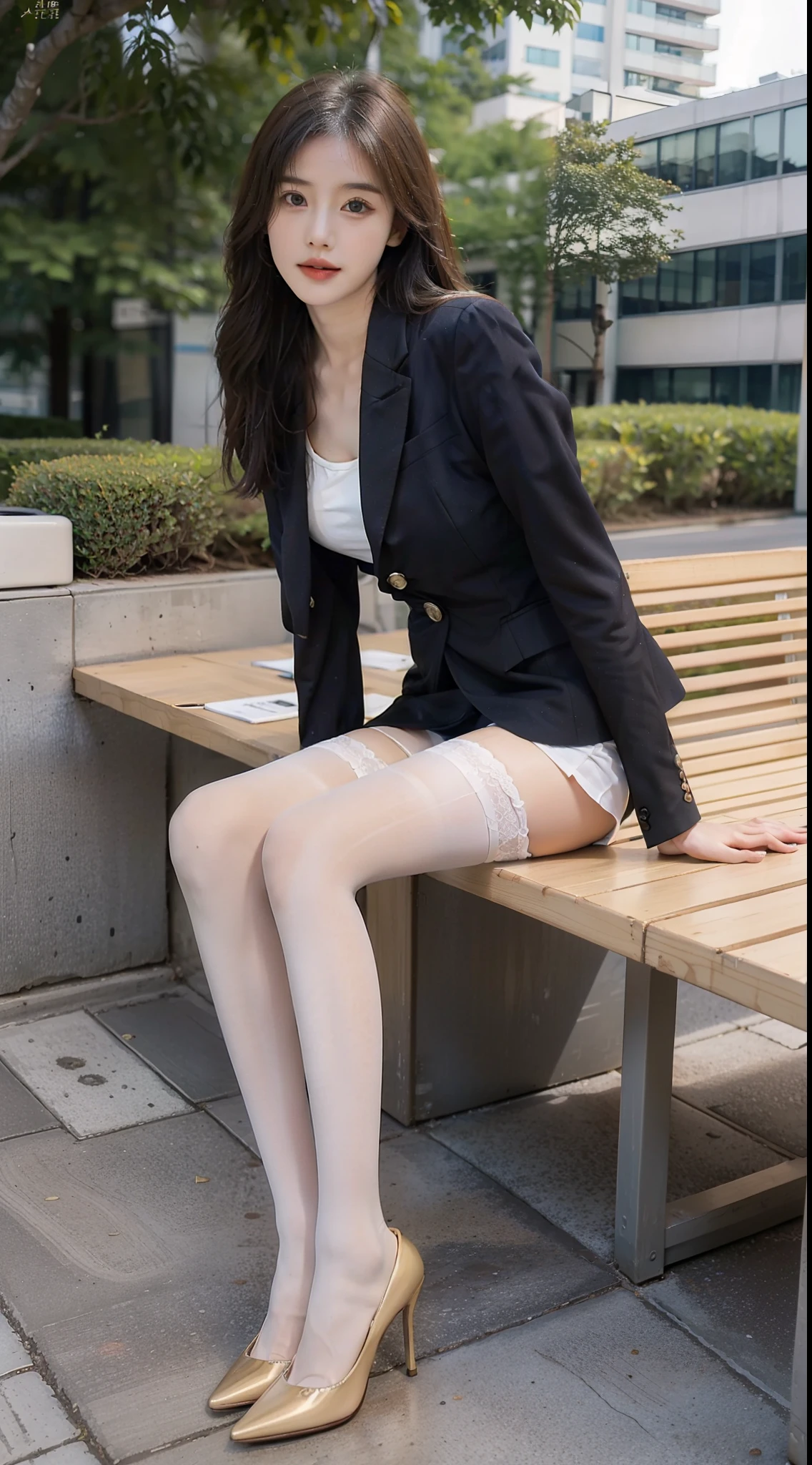 (Beautiful woman wearing an office lady&#39;his suit is on a bike:1.1)、(spread your legs and step on the pedals)、put on makeup、brown wavy hair、(mini skirt:1.5)、(Clothes:1.3)、(I can see white pants:1.5)、(super beautiful)、(beautiful face:1.5)、(detailed face)、(Sweat:1.1)、(sky from below)、commute、(At SFW:1.2)