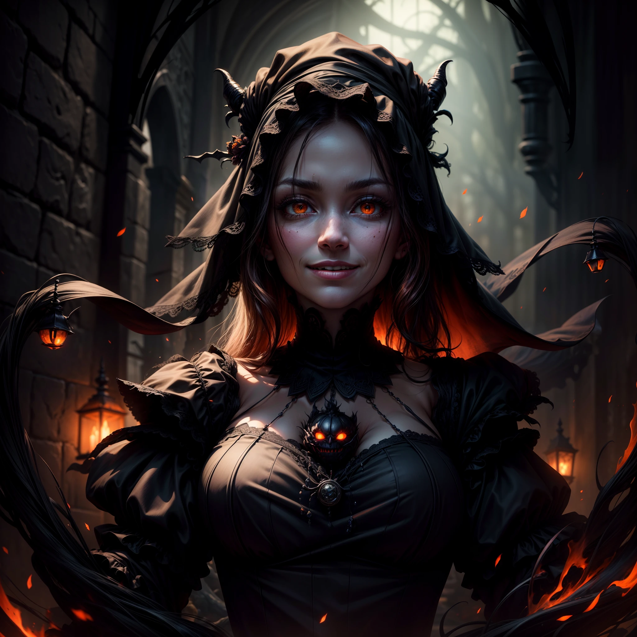 (masterpiece, uhd, 8k, shallow depth of field, highest quality, high definition), a meticulous full body shot of a sinister witch lurking in the shadows, glowing orange eyes, sinister smile, illusion of beauty, magic
