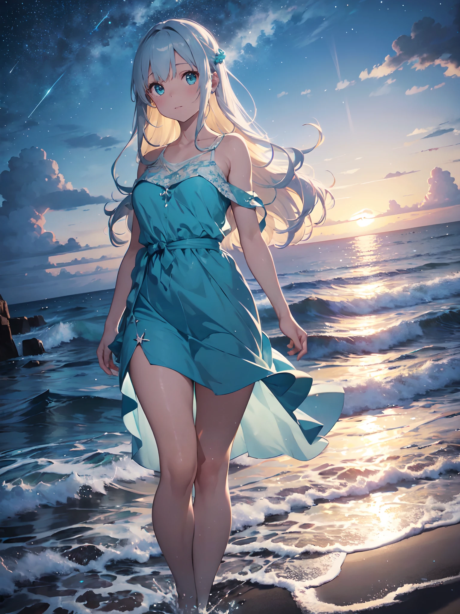 film photography, 1girl , (((whole body ))) , dynamic pose
Character: celestial beach guardian
Style: cosmic coastline
Extraordinary Feature: protects the harmony between land and sea
Action: Gazing out over the horizon, summoning gentle waves and starlit skies
Hair: Flowing hair that mimics the ebb and flow of the ocean
Hair Color: Iridescent blue and silver like moonlight on water
Eyes: Luminescent turquoise with a serene and ethereal gaze
Clothing: ethereal gown that merges with the seascape, starry accessories
Background: tranquil beach at dusk with shimmering constellations, medium breast, full body, (realistic detailed eyes, natural skin texture, realistic face details), finely detailed, hyperrealistic