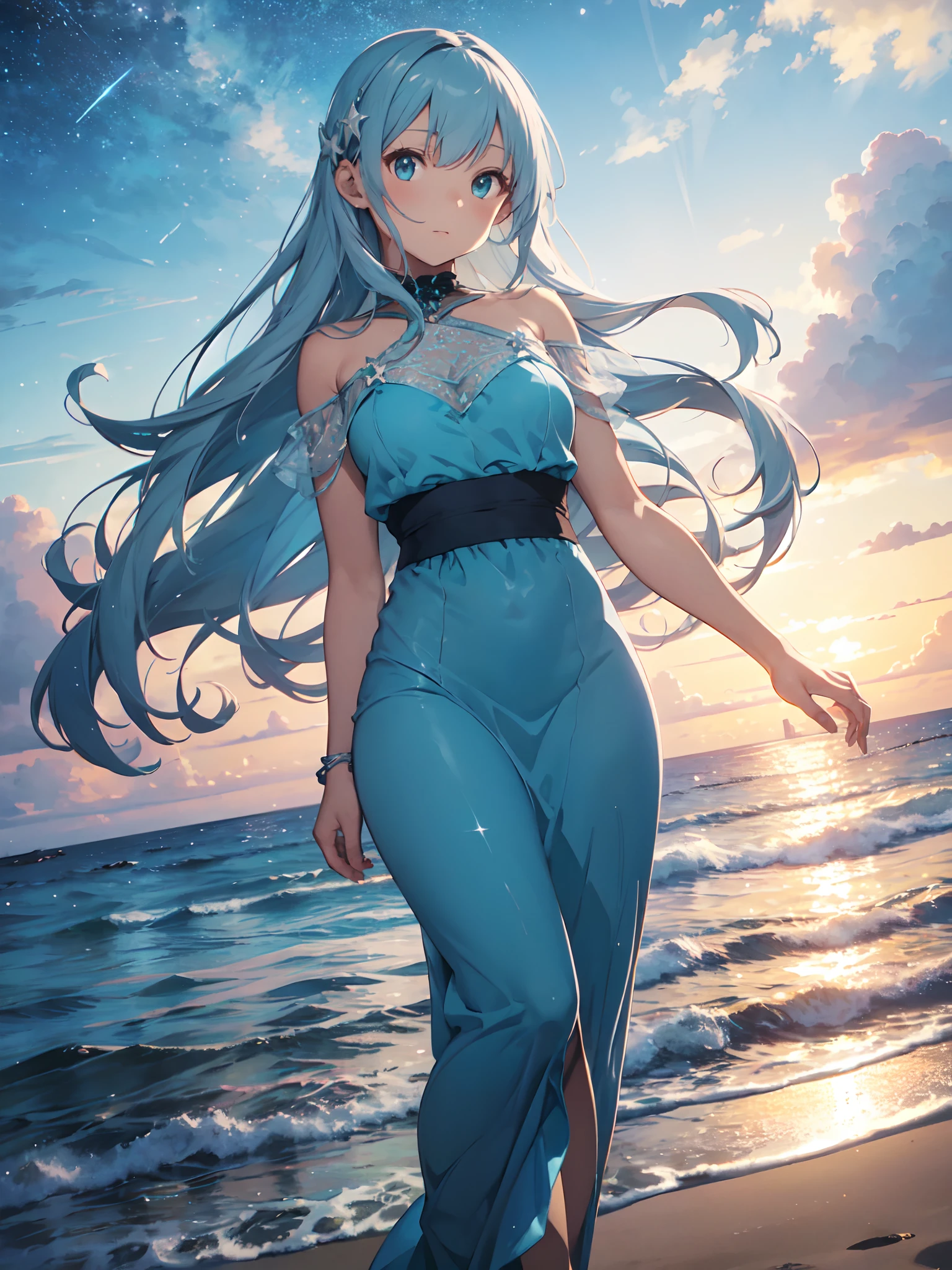film photography, 1girl , (((whole body ))) , dynamic pose

Character: celestial beach guardian
Style: cosmic coastline
Extraordinary Feature: protects the harmony between land and sea
Action: Gazing out over the horizon, summoning gentle waves and starlit skies
Hair: Flowing hair that mimics the ebb and flow of the ocean
Hair Color: Iridescent blue and silver like moonlight on water
Eyes: Luminescent turquoise with a serene and ethereal gaze
Clothing: ethereal gown that merges with the seascape, starry accessories
Background: tranquil beach at dusk with shimmering constellations, medium breast, full body, (realistic detailed eyes, natural skin texture, realistic face details), finely detailed, hyperrealistic