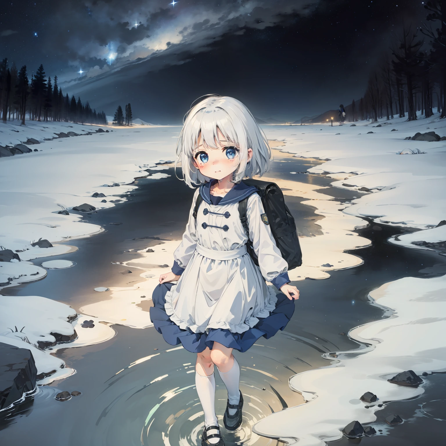 One earth in the background,starry sky bright, 1girll, girl who flew out of the earth,Loli,elemen, (with short white hair:1.2),