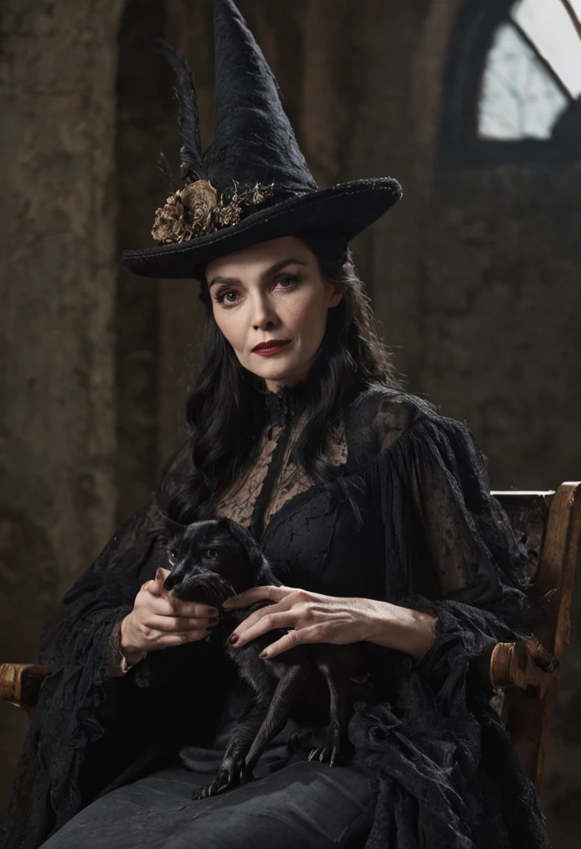 (A very old witch sat in a chair in Cadillau,She was holding a black bird:1.5,He wears a skull hat on his head:1.2),(dark castle background,unholy,terroral),(wide angles,Ultra HD details,Masterpiece, hyper HD, Super detail, High details, Best quality, A high resolution, Award-Awarded, 8K),(电影灯光)
