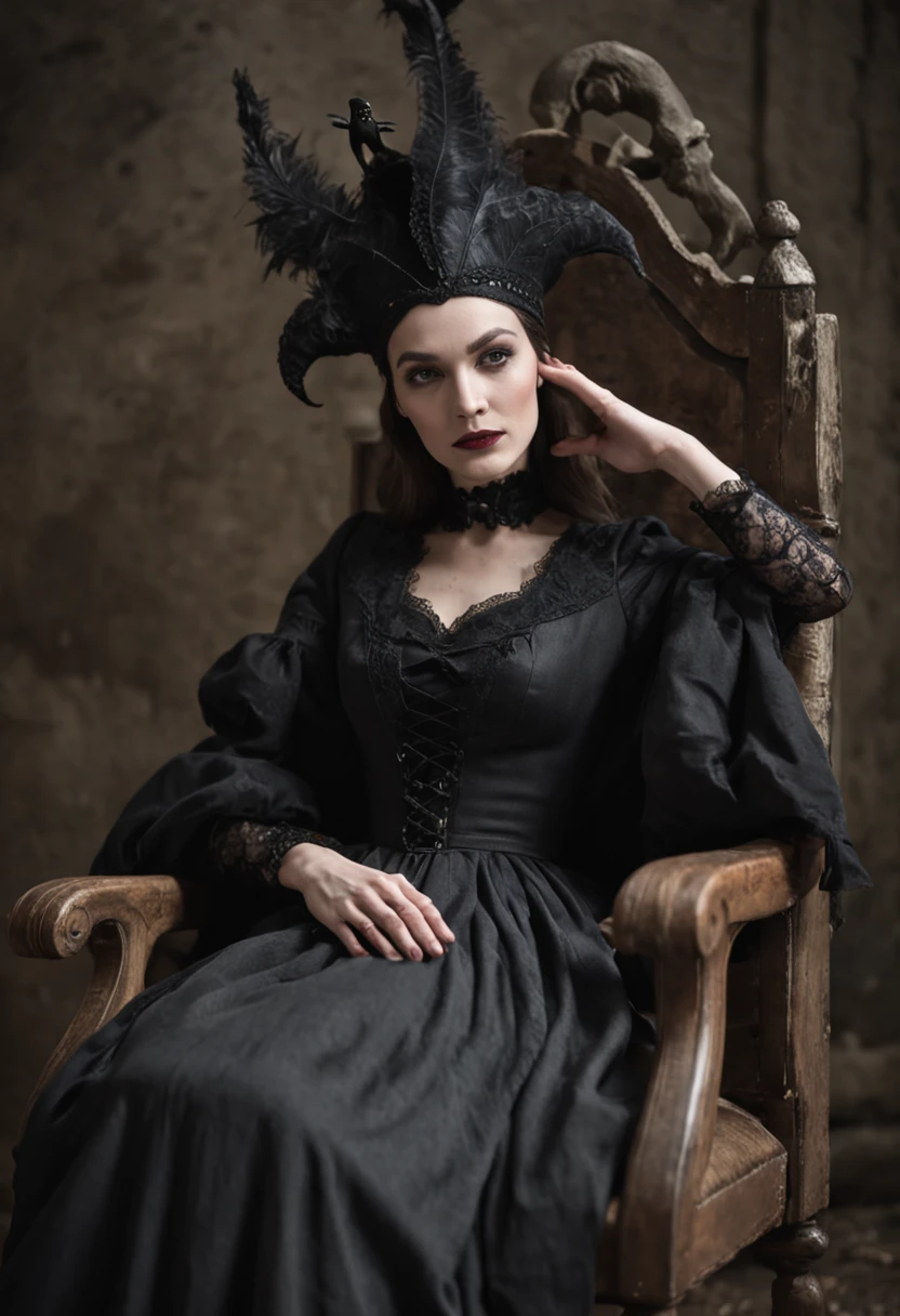 （A very old witch sat in a chair in Cadillau，She was holding a black bird：1.5，He wears a skull hat on his head：1.2），（dark castle background，unholy，terroral），（wide angles，Ultra HD details，Masterpiece, hyper HD, Super detail, High details, Best quality, A high resolution, Award-Awarded, 8K），（电影灯光）