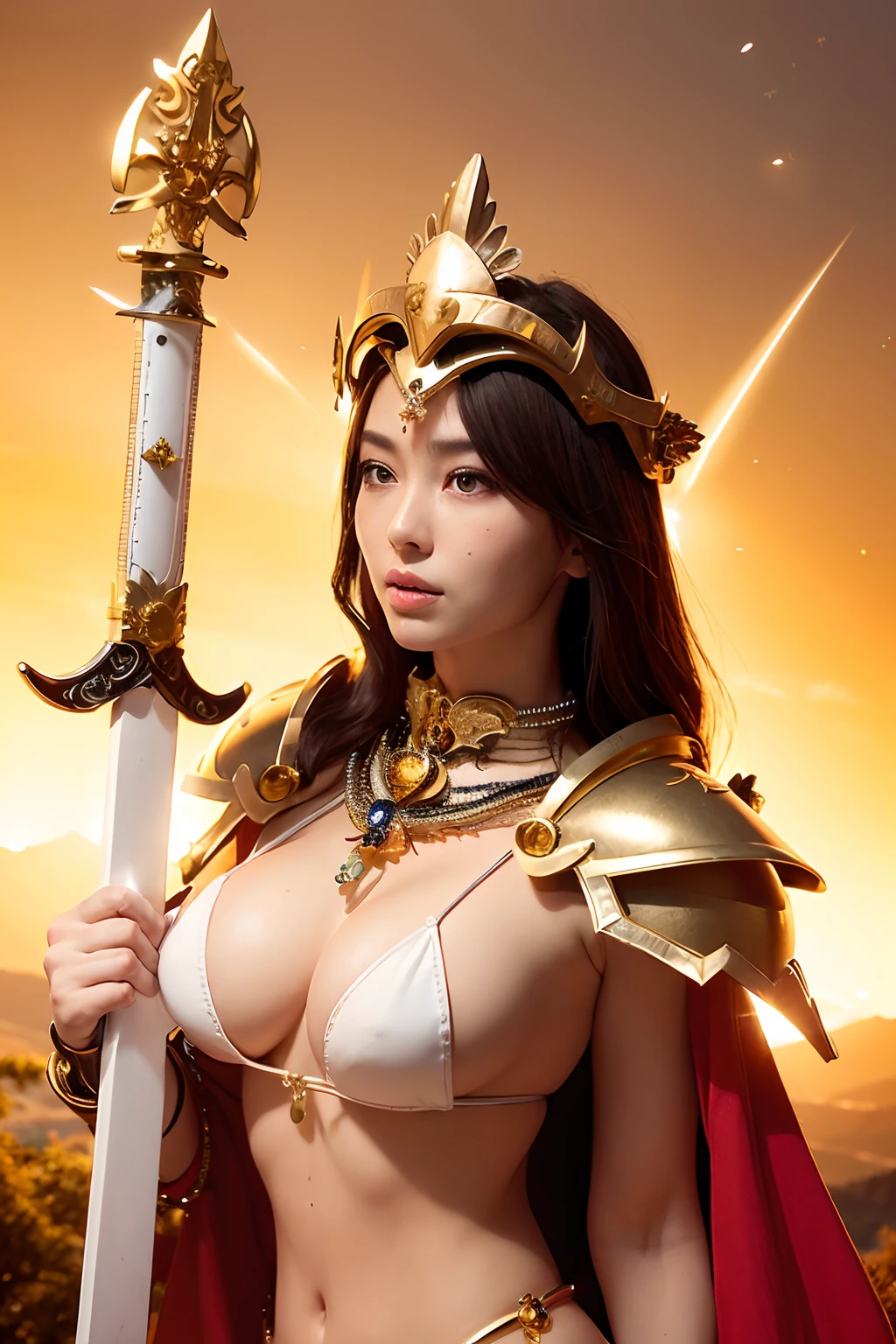 Professional , masterpiece、top-quality、photos realistic , depth of fields ,(Wind element),close-up,dream magical,tornado,Lightning,cleavage of the breast、(The legend of the armor helmet in medieval Europe)、Castle background,(Gemstone Gold Jewel Body:1.6),(Matte White、Jewel Gold Weapon_、(Micro Bikini Armor:1.4),Gorgeous Jewel Metal Weapons ,(( Detailed Sword of the Brave)) ,()、(magic circles、Magic Chanting)、 Castle background ,warhammer 40k ,,Wear a gorgeous jewel helmet with attention to detail、Brown hair、((Gangle's forest background))、Beautiful Caucasian beauty、1a person、dynamic ungle,(((Legendary Armor Jewelry Helmet)))、(Particles of light)、cleavage of the breast、Mystical expression、Anatomically correct body、Armpit、