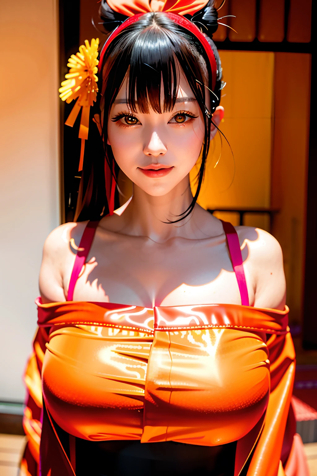 ((gorgeous Golden panty)),((gorgeous orange panty)),((gorgeous pink panty)),((gorgeous red panty),((royal textured panty)), (((smile:1.0, laugh:1.0))), 1woman, 35 year old, American, milf solo, makeup, highres, large breasts:1.4 , cleavage, looking at viewer, smile, bangs, bare shoulders, black hair,collarbone, crossed bangs, hair between eyes, hair ornament, hair ribbon, huge breasts, American clothes, large breasts, long hair,mask, mask on head, off shoulder, parted lips, red eyes, red shirt, red panty, ribbon, striped ribbon, twintails, very long hair, wide sleeves,(shiny skin), sash, night, detailed background, Cyberpunk world, Modern metropolis, neon,sfw:1.8,