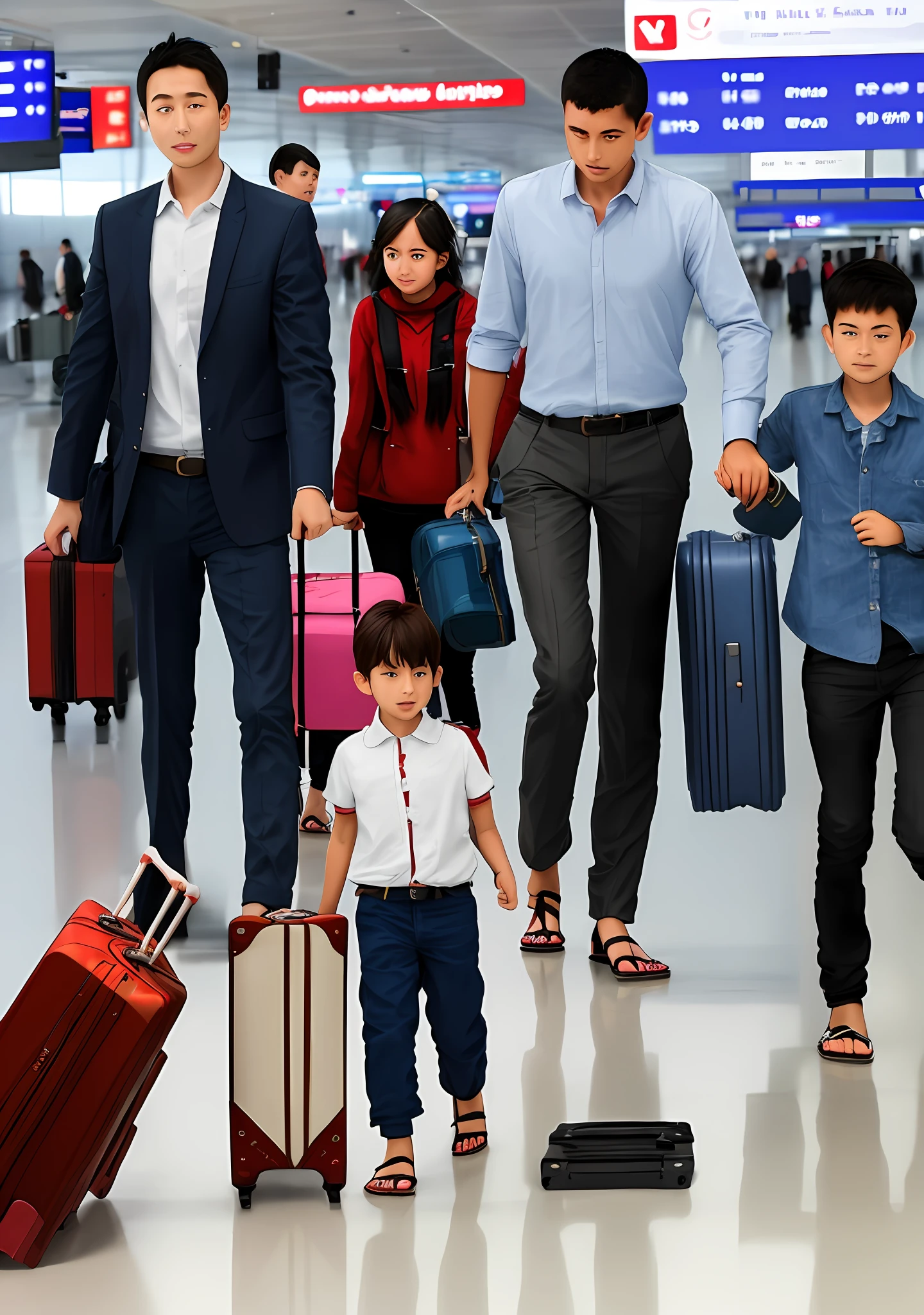 Airport The large suitcase dragged by the girl pressed over the boy's feet in sandals