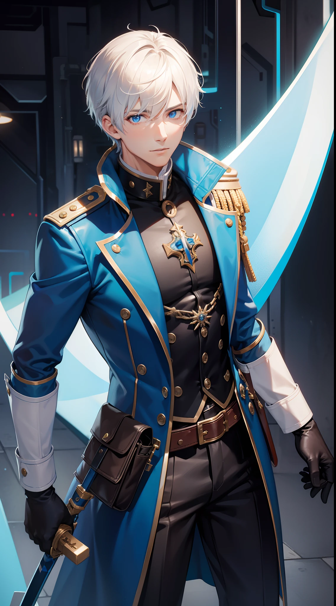 Grown-up guy, short white hair, eyes with blue color, Blue leather coat, belts, circuits, breeches, two swords, Masterpiece, hiquality