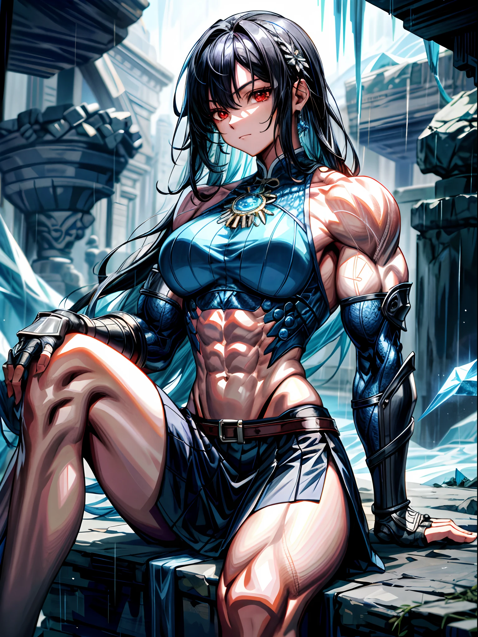 8K, complex, elegant, Highly detailed, Majestic, Digital photography, cowboy lens, surrealism painting, Broken rubies, Beating magic, Entwined ice magic, (Masterpiece, Side light, Fine beautiful eyes: 1.2), hdr, Void 5 Energy Storm, (Chinese girl, Black and red eyes: 1.5), Glowing skin, ( Sitting on a stone: 1.5), Delicate face, Black hair, Wearing palatial blue armor, Bare shoulders, navel, Short skirt, Exquisite blue armor, Rained, Beautiful, Looking at the audience, Turn away from the camera, Masterpiece, Upper body,Portrait,Muscular,musculature,Strong,Large muscles,Strong arm muscles,Strong leg muscles,Oversized muscles,Abs(body builder:1.5)
