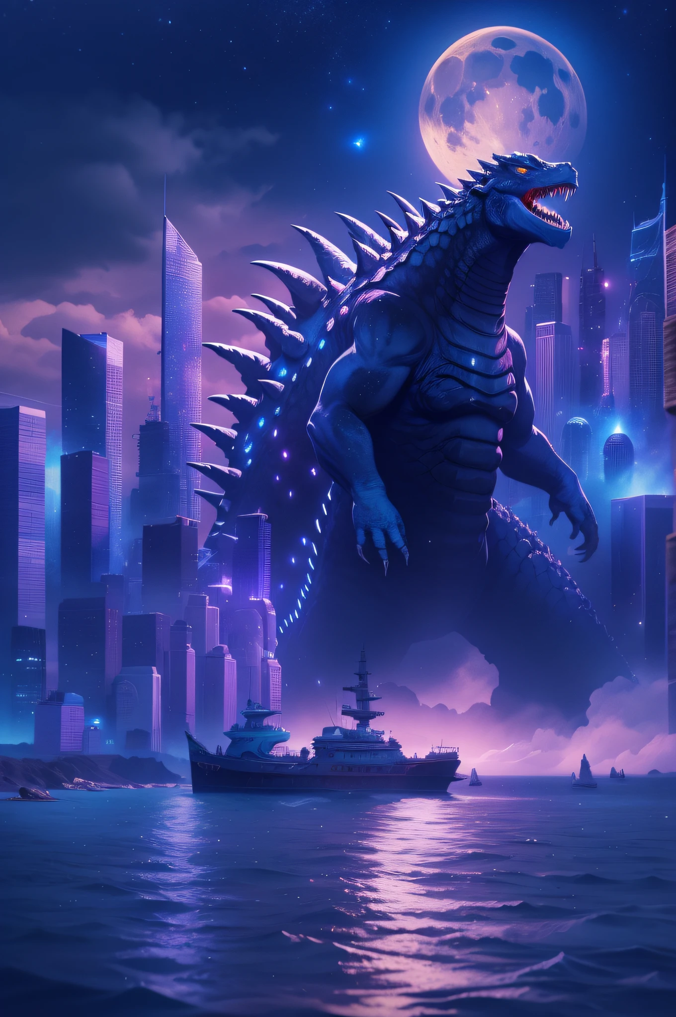 Godzilla , the ocean，The background is a futuristic city, scifi style, blue and violet, brightly, Sky background at night，There are many stars and a moon that splits in two. Ultra photo realsisim