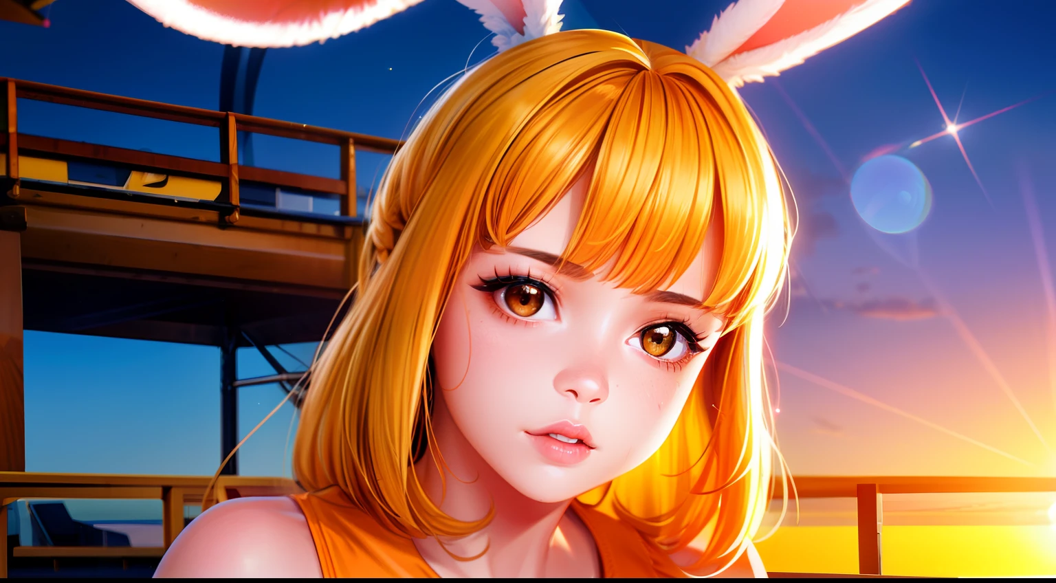 focused upper body, realistic, 1girl, yellow hair and sparkling brown eyes, parted lips, sunset, on ship deck, sunlight, rabbit ears, (wearing orange dress)