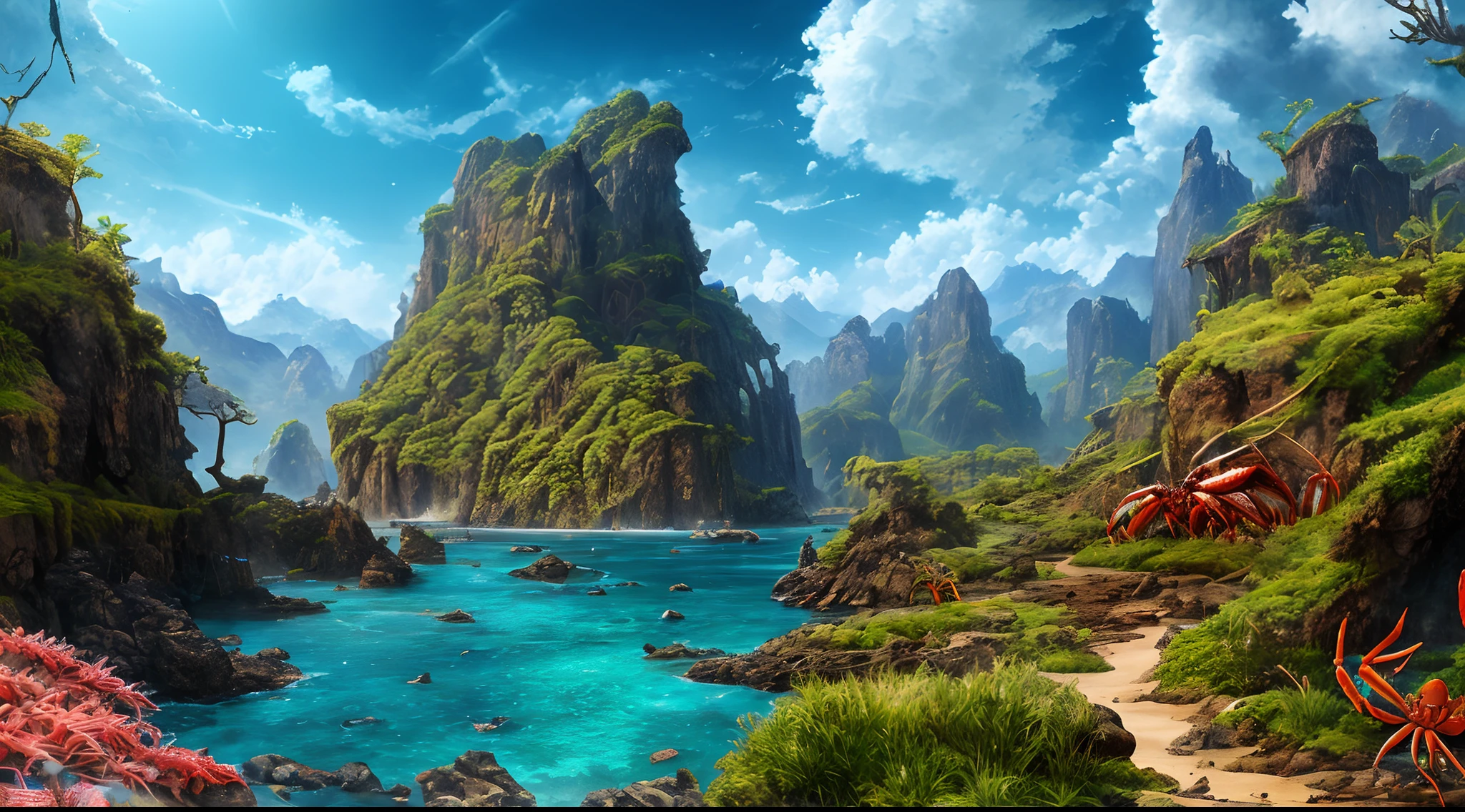 very vast and wide scene of a beautiful beach landscape in water planet with (((alien vegetation))), (((alien crab))), (((alien molusc))), (((alien structure))) creating the imagination to wander and provided a glimpse of the unknown, masterpiece, best quality, high quality, 8K HDR, artstation, digital illustration, intricate, trending, award winning photography, HDR, Photorealistic, extremely detailed, ultra sharp, ultra detailed, ultra crisp, best quality, HDR+, vivid color, hight contrast, High Detail, dramatic, style of james cameron, artwork of avatar