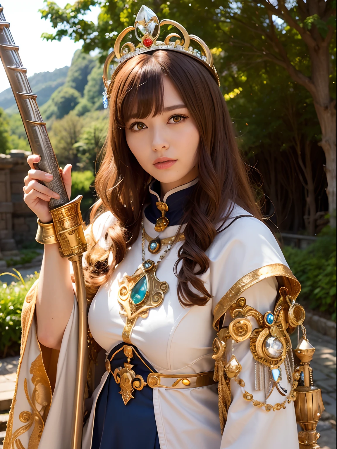 Professional , masterpiece、top-quality、photos realistic , depth of fields (Gemstone Silver Metal Body:1.9),(Matte Silver、Jewel Gold Weapon、(Gorgeous castle background)、Holding the Sword of Heroes、(Jewel White Metal Body:1.4),((Gorgeous Jewel Metal Weapons)) , Fighting、((Holding the Sword of Heroes)) ,(close-up,dream magical,tornado ) ,(Micro Bikini Armor),warhammer 40k , adepta sororitas,Detail and ornate jewel crown、Brown hair、Mystical expression、(Gangle's forest background)、1a person、dynamic ungle,(((Diamond tiara with detail and luxury)))、a small face、A smile、Powerful poses、(Gorgeous castle background)、huge filesize、20 year old beautiful woman、Stand in the center of the screen、Thin female fingers、Straight long hair、Beautiful Caucasian beauty、Mystical expression、Lightly open your mouth、,Luminescent particles,light scattering,Tindall Effect、Fighting、Twin tail hair、
