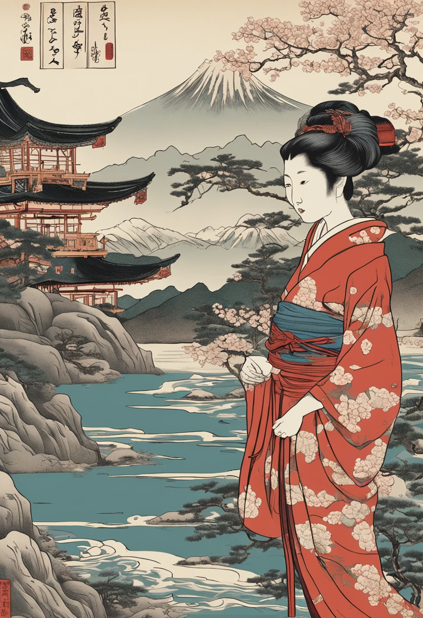 There is a woman in a kimono skirt standing in front of a painting, Inspired by the decorative arts paintings of Hiroshige II Utagawa, Tumblr, Ukiyo-e, in the art style of ukiyo - e, ukiyo-style, Japanese art style, Ukiyo-e - E style, Ukiyo-e style, Floating tail-E style, japanese art art