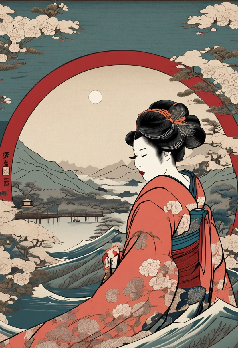 There is a woman in a kimono skirt standing in front of a painting, Inspired by the decorative arts paintings of Hiroshige II Utagawa, Tumblr, Ukiyo-e, in the art style of ukiyo - e, ukiyo-style, Japanese art style, Ukiyo-e - E style, Ukiyo-e style, Floating tail-E style, japanese art art