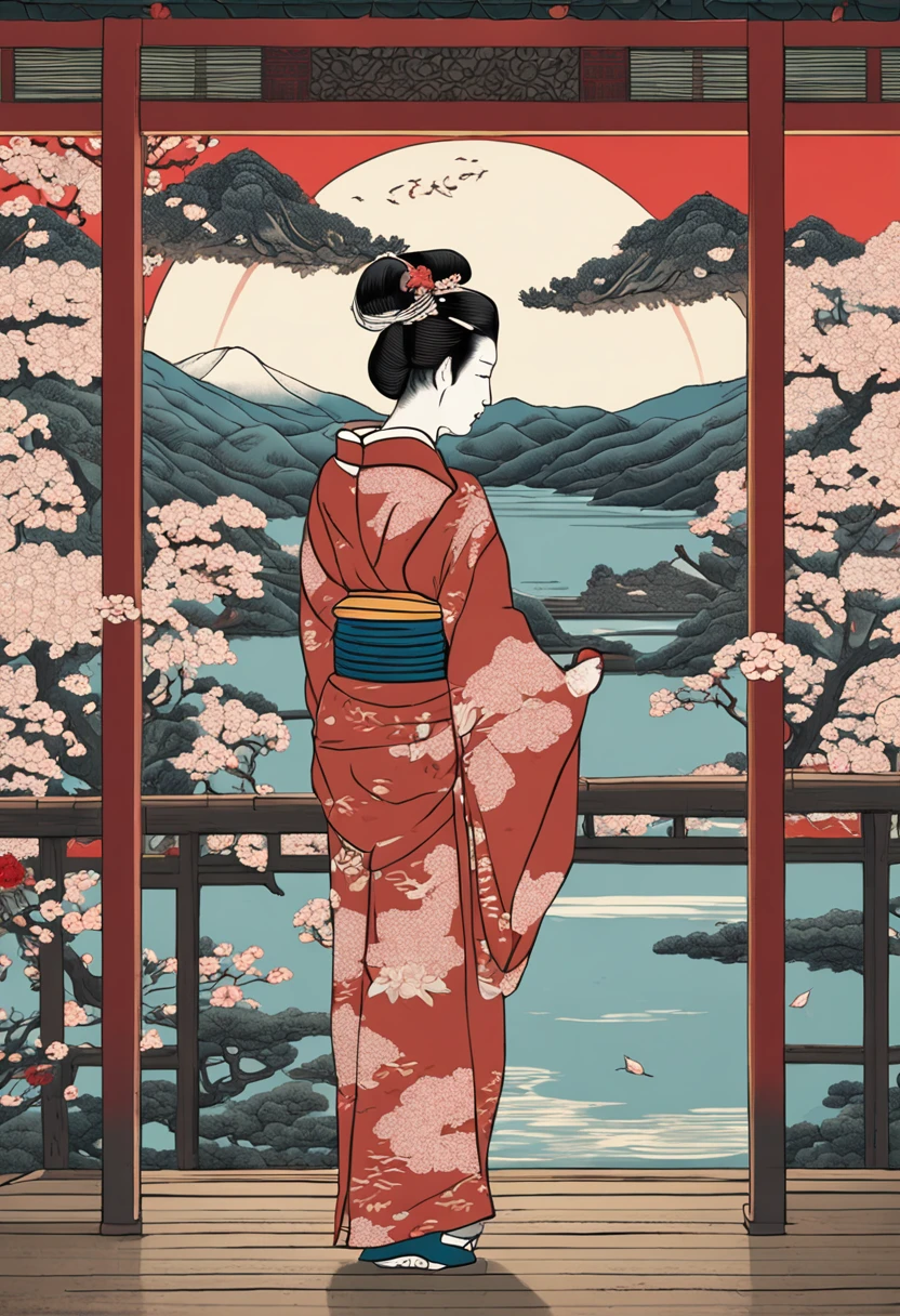 There is a woman in a kimono skirt standing in front of a painting, Inspired by the decorative arts paintings of Hiroshige II Utagawa, Tumblr, Ukiyo-e, in the art style of ukiyo - e, ukiyo-style, Japanese art style, Ukiyo-e - E style, Ukiyo-e style, Floating tail-E style, japanese art art