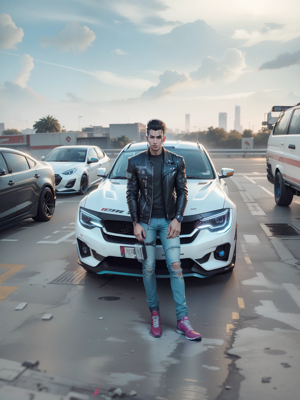 Change background cyberpunk handsome boy, realistic face, 8k, ultra realistic Car,