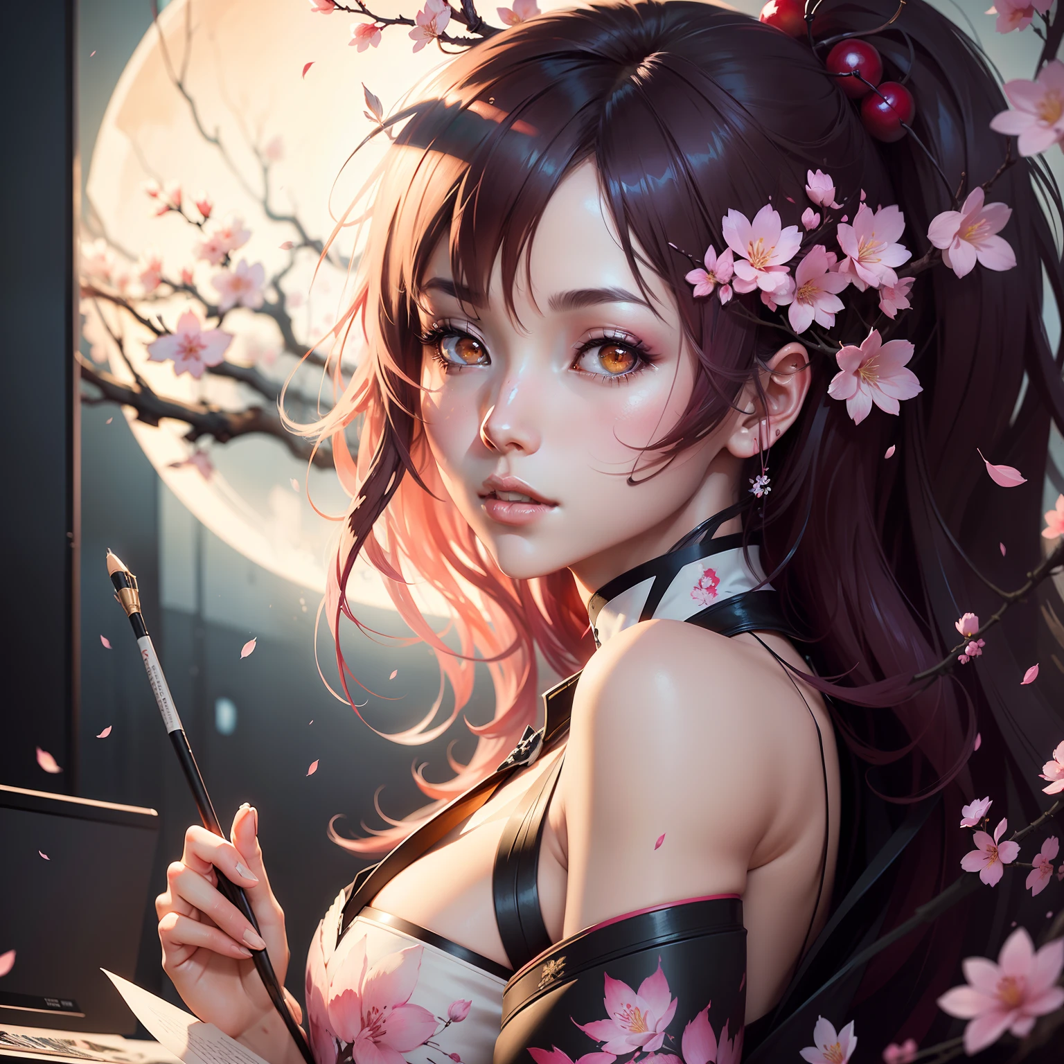 Single cherry blossoms, Beautiful, elegant, Centered, nearing perfection, Dynamic, Moonlight, Highly detailed, Digital painting, art stations, concept-art, smooth, Sharp focus, illustration, Art by Carne Griffiths and Wadim Kashin