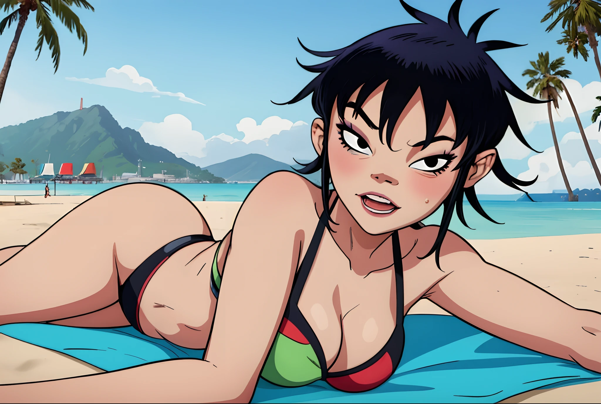 (masterpiece, best quality:1.2),  noodle (gorillaz), 1girl, black hair, solo, open mouth, black eye, short hair, laying on a beach towel, noodle from Gorillaz in a bikini, on a sunny beach, sunbathing at the beach, commission for high res, extremely detailed artgerm, cutesexyrobutts, on the beach, makeup, blush, seductive pose, sexual expression, solo, parted lips, portrait