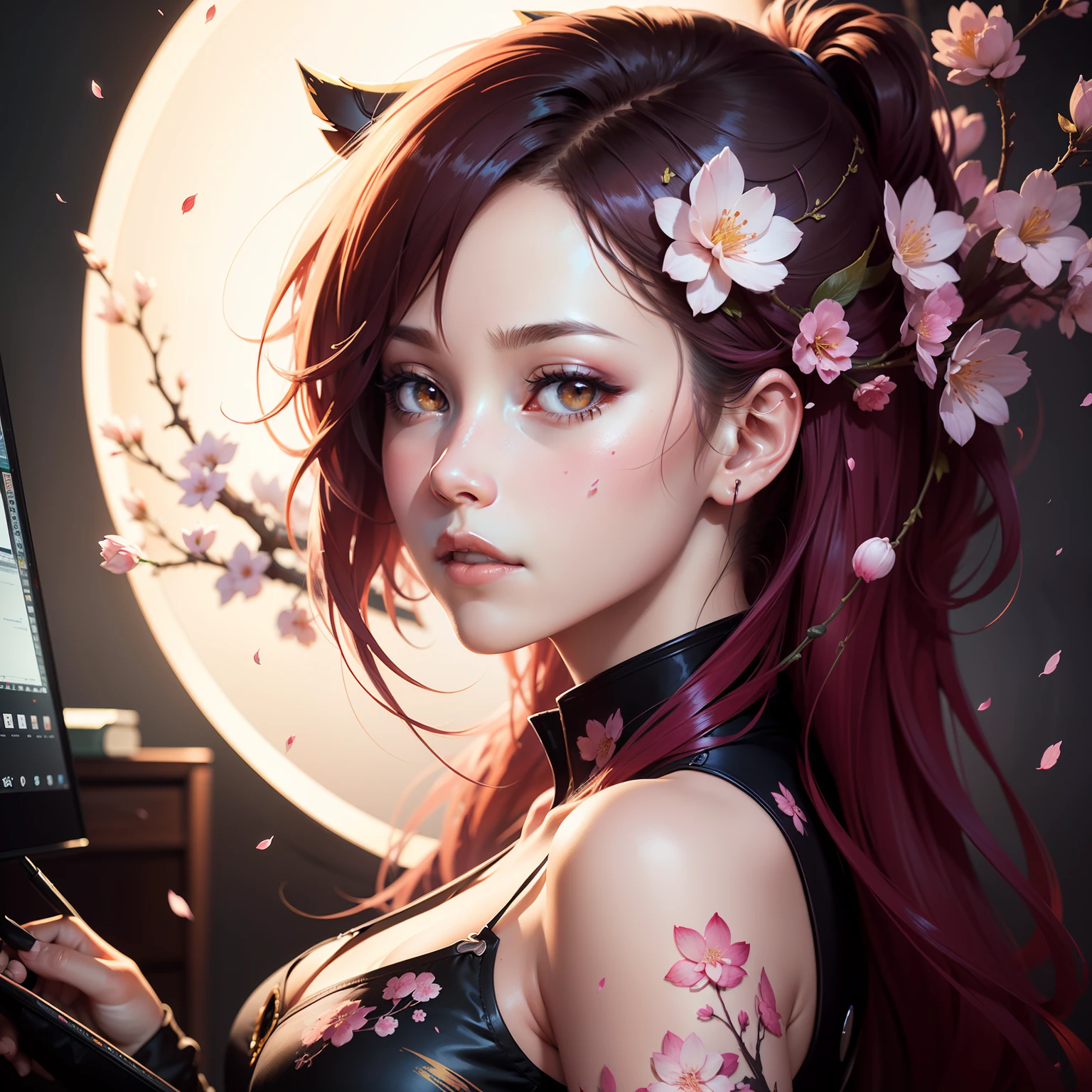 Single cherry blossoms, Beautiful, elegant, Centered, nearing perfection, Dynamic, Moonlight, Highly detailed, Digital painting, art stations, concept-art, smooth, Sharp focus, illustration, Art by Carne Griffiths and Wadim Kashin