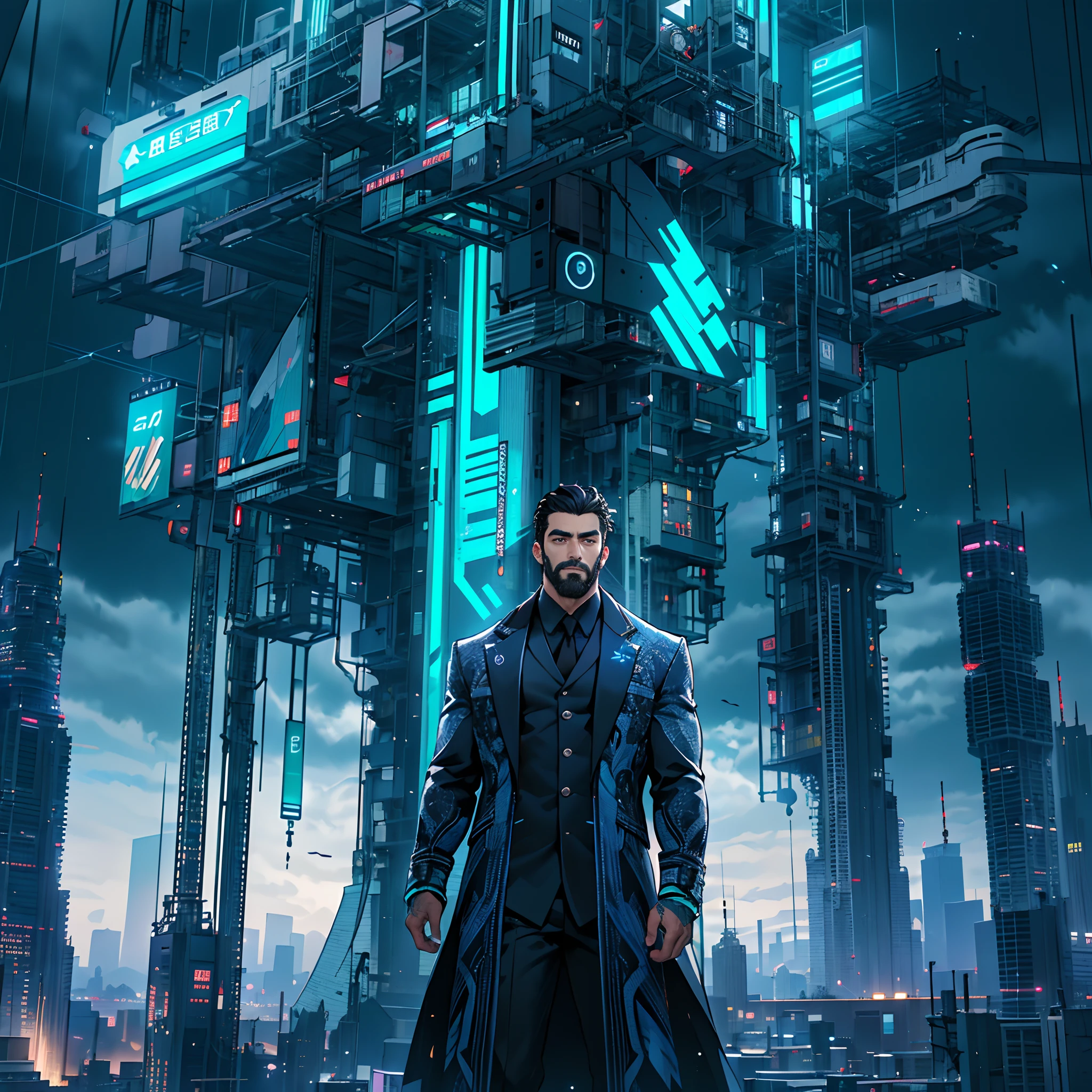 Men in black and blue army coats stand at the top of the tower of the future city，Black hair，Strong body shape，adult man，Carefully repaired beard，Turquoise pupils，King of the City，extreme hight detail，masculine appeal，Handsome face，Tall figure，Future Style