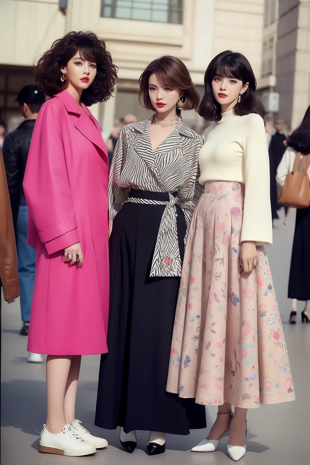 the hair:In women's fashion in the 80s,Hair is usually groomed very thick and fluffy,Popular hairstyles include honeycomb heads,Big waves and fluffy curls。Some women also choose to use hairspray or mud for a more exaggerated hairstyle。
putting makeup on:Emphasis on eye makeup was a characteristic of women in this period。thick bushy eyebrows、Heavy eyeliner and dark eyeshadow are representative of 80s makeup。Lip aspect,Fashionable women usually choose intense red or purple lipsticks,Emphasize lip shape。
nipple tops:Common top styles include loose-fitting long-sleeved shirts、Exaggerated style with overly wide shoulders and shoulder pads。Popular fabrics are silk and chiffon。Pattern-wise,Popular motifs include bold geometric patterns、Animal print、Rubber pattern and cartoon print。
Manteau:Women in the 80s liked to wear loose and characteristic coats,For example, a loose windbreaker、Straw hat jacket and knitted cardigan。Some coats also come with large buttons and accessories。
skirt suit:Popular skirt styles include miniskirts、Midi skirts and A-line skirts。The miniskirt is typical of the 80s style,Accentuate the woman's leg line。Patterns and colors are also varied,Includes bright fluorescent colors and prints。
Accessories:Women's fashion in the 80s focused on accessories that matched clothes,Popular accessories include large earrings、Wide waistband、Vintage sunglasses and long necklace。Wrist watch、Bracelets and rings are also indispensable accessories