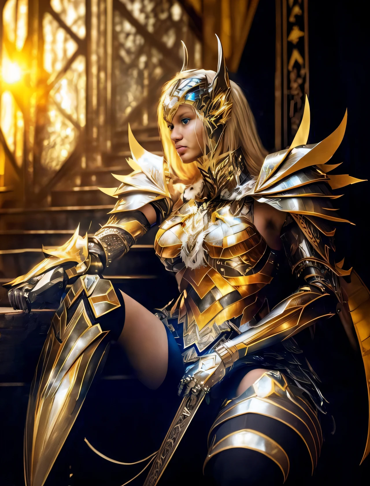 uma mulher de armadura sentada em uma escada com uma espada, Armadura Dourada Angelical, armadura impressionante, Armadura Dourada, cosplay ornamentado, armadura pesada de ouro. Dramatic, armadura bonita, armadura de ouro claro, vestido com armadura leve, usando armadura dourada, gorgeous female paladin, Armadura dourada de Paladin, armadura de ouro, Armadura dourada, usando armadura dourada, wearing witchblade armor