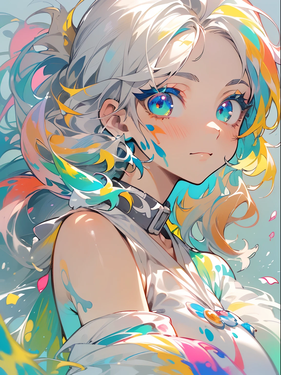 (Colorful hair: 1.8), (all the colours of the rainbow: 1.8),(((((Vertical Painting:1.6))), (Painting:1.6),front, comics, Illustrations, painterly, Large eyes, Crystal clear eyes,( rainbow color gradient high ponytail:1.7), Exquisite makeup, Closed mouth,(Small fresh: 1.5),(Wipe Chest: 1.6) ,long eyelashes, white off shoulder T-shirt, White shoulder shirt,gaze at the audience, Large watery eyes, (rainbow-colored hair:1.6), Color splash, (Solo:1.8), Color splash, Color explosion, Thick paint style, Messy lines, ((Shining)),(Colorful), (Colorful), (Colorful), Colorful, Thick paint style, (Splash) (Color splash), Vertical Painting, Upper body, paint splashes, Acrylic Pigment, gradient, paint, Highest image quality, Highest Quality, masutepiece, Solo, depth of fields, Face Paint, colourful clothes, (Elegant: 1.2), Gorgeous,Long hair, Wind, (Elegant: 1.3), (flower petals: 1.4),(((masutepiece))),(((Best Quality))),((Ultra-detailed)),(Illustration),(Dynamic Angle),((floating)),(paint),((disheveled hair)),(Solo),(1girl in) , (((Detailed anima face))),((beautifull detailed face)),Collar,Bare shoulders,White hair, ((Colorful hair)),((striated hair)),Beautiful detailed eyes,(Gradient color eyes),(((Colorful eyes))),(((Colorful background))),(((High color saturation))),(((Surrounded by colorful splashes))),