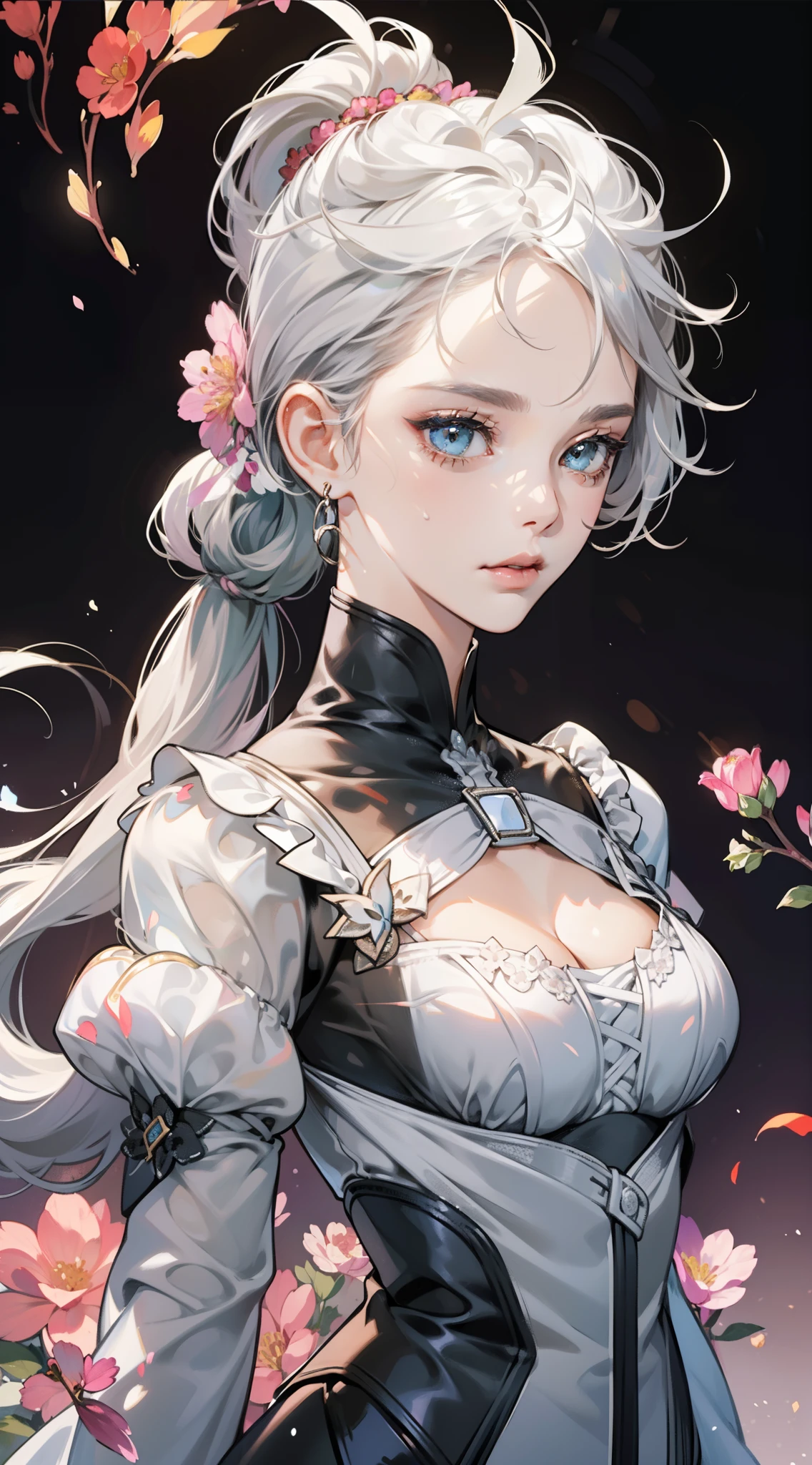 (Masterpiece), (Best Quality), (The ultra-detailed face),(Illustration), (1Girl), (Fashionable clothing), standing alluring, Fashion model, looking at viewer, (interview), (Simple background),Beautiful detailed eyes, Delicate beautiful face, Floating,(high saturation),(Colorful splash),Colorful bubbles,(glittering), body shot, miorine, light silver hair, hair rings, low ponytail, Floating flowers, (glittering), Best lighting, best shadows, Frontal shots, ((moderate breast:1.2)), ((focus on breast)), close up to face and upper body, ((cleavages:1.1)), ((perfect body))