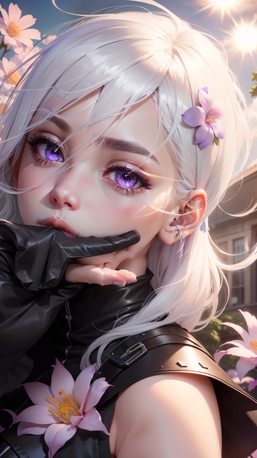 realistic, 1girl, white hair, purple eyes, glowing eyes, crop top, skirt, parted lips, blush, night, flowers, sun, sunlight,