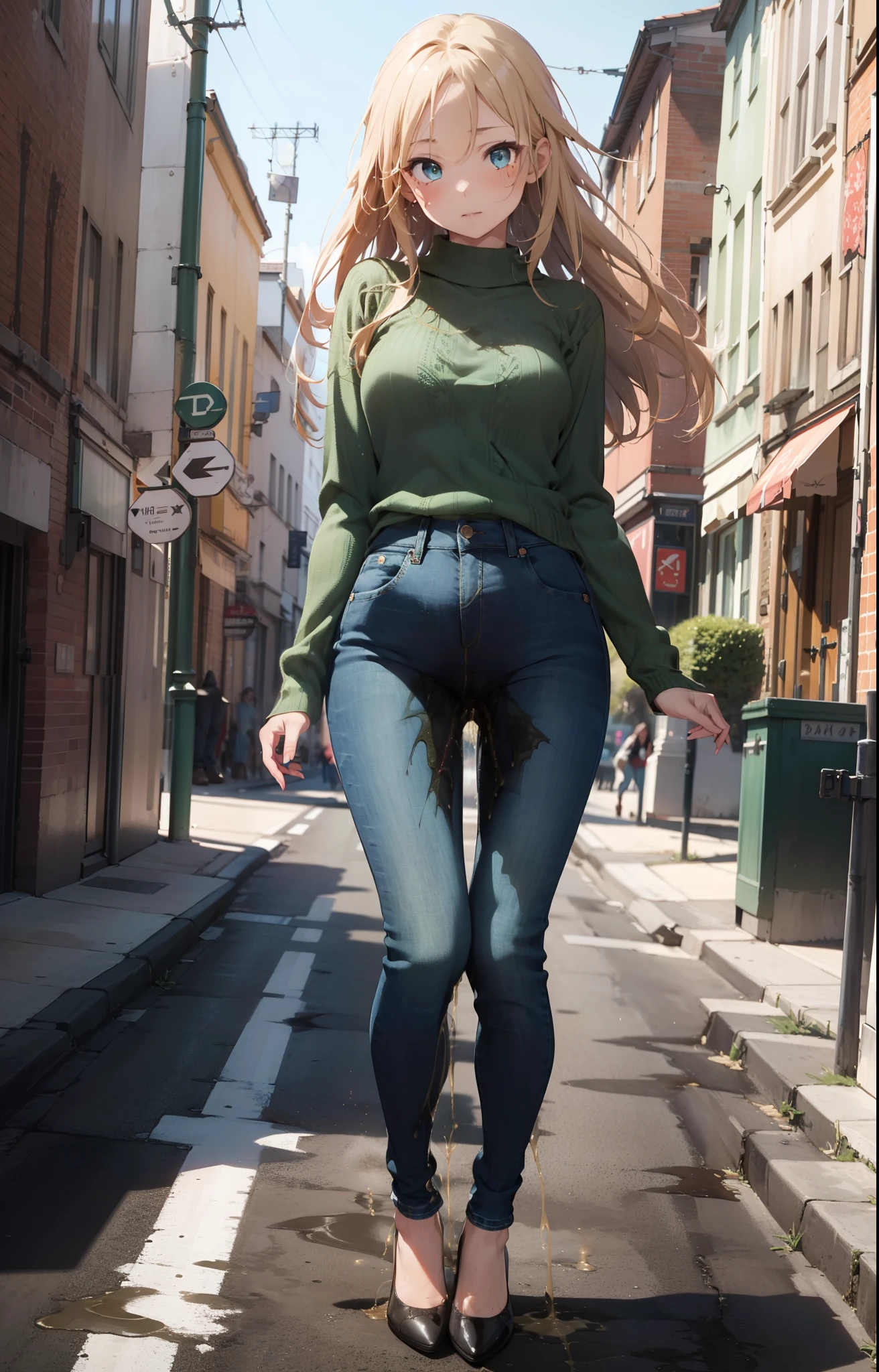 masterpiece, extremery magnificent view, perspective, extremery best quality, extremery detailed CG, 8k wallpaper, high resolution, highly detailed face, highly detailed eyes, perfect anatomy, super detailed skin,
(dynamic angle, dynamic pose:1.2), outdoors, beach, smooth waves, (portrait, legs focus, full body), (beautiful face, beautiful eyes, beautiful legs:1.3), ((((((pee stain)))))), blush, worried,
1 girl, solo, (black top, blue jeans pants:1.3), (skinny jeans:1.3), long sleeves, medium breasts, blond hair, long hair, floating hair, straight hair, open forehead, (barefoot:1.3), blue eyes, (navel:0.8), skinny, slender, wide hips, thin waist