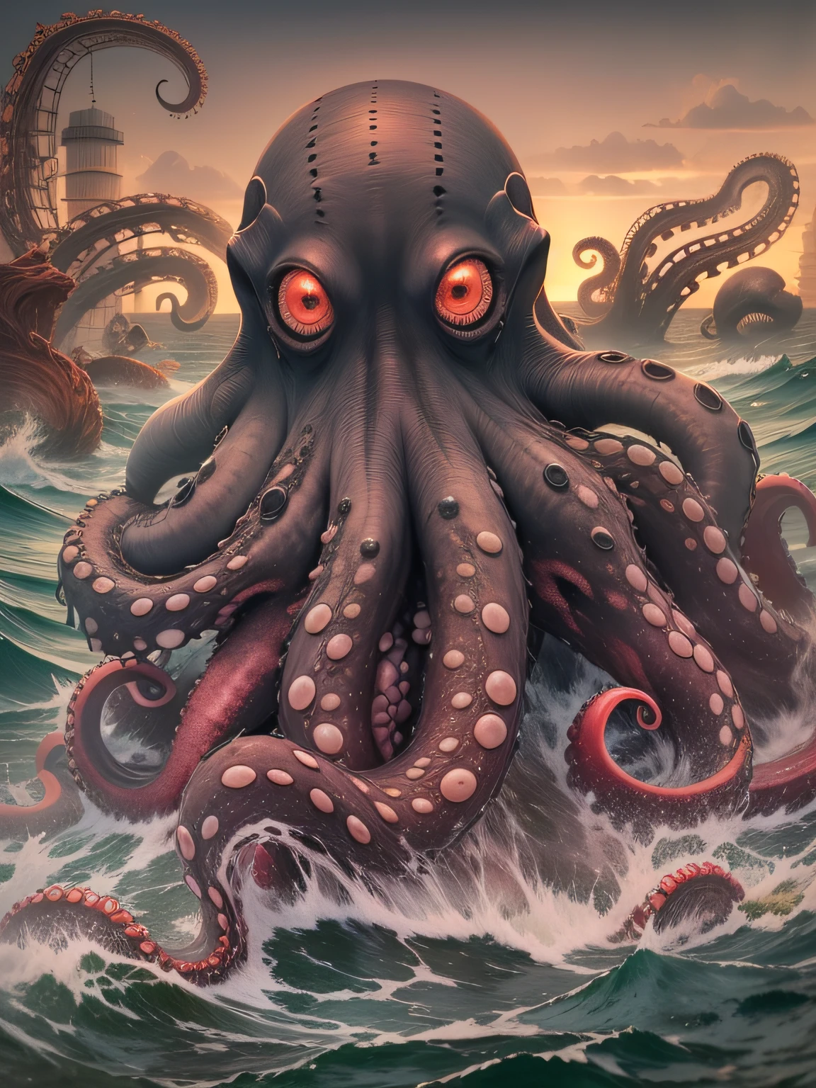 Nuclear contamination in Japan，Changes in marine life，Oddly shaped marine animals，The terrifying underwater world，the sea，Seawater pollution，Toxic liquid，Mutated octopus，Mutant octopus，Large mouth of blood，A huge and ugly scary octopus，The demons，a dark and eerie atmosphere，The octopus's eyes glow red，with a huge mouth open，Realistis，The end of the world，Polluted seawater，Toxic seawater，Purple-green glowing seawater