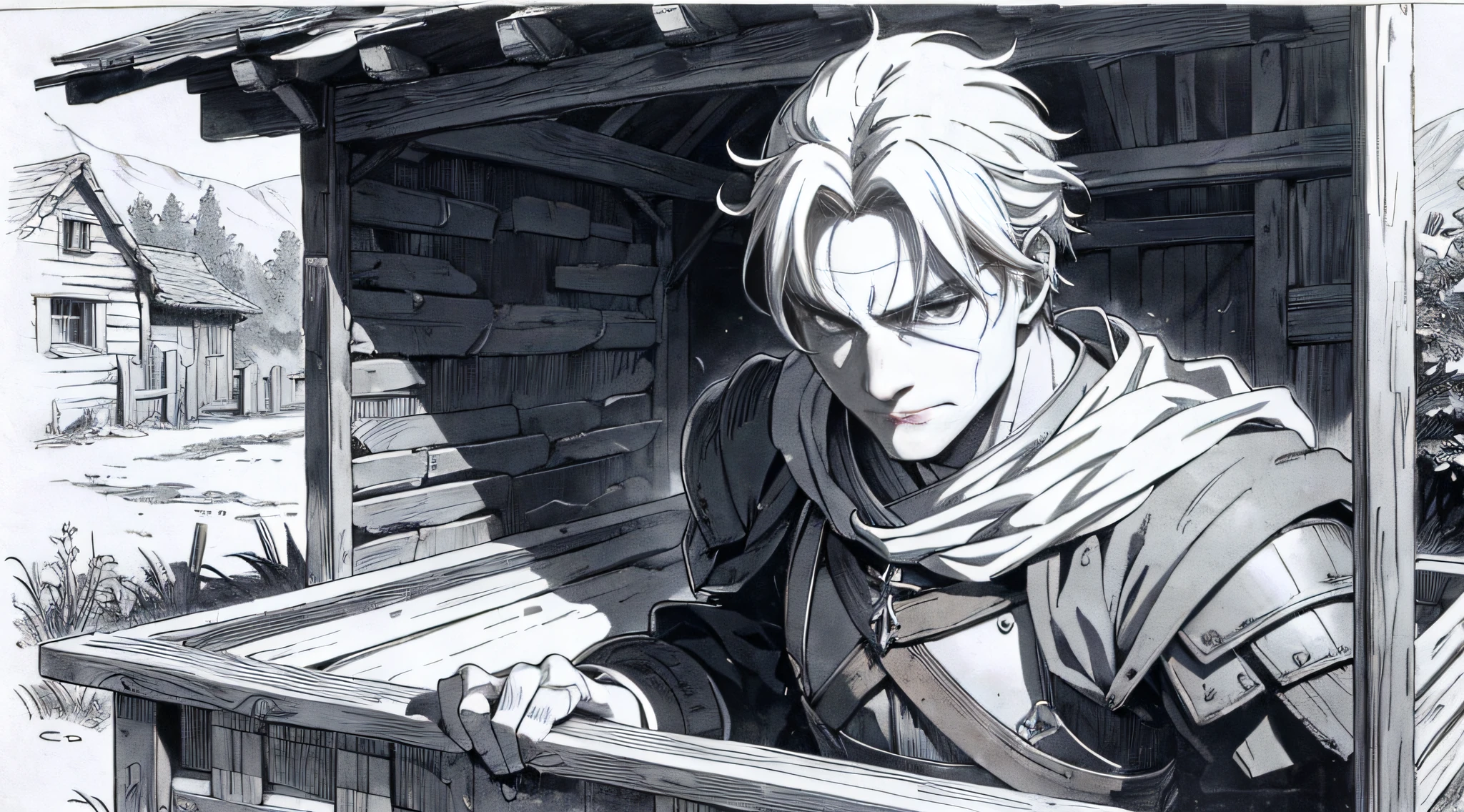 Close-up of an older male character with a clean face grabbing crates from a carriage in a medieval-era village, manga style, detailed manga illustration, shaded with manga shading.