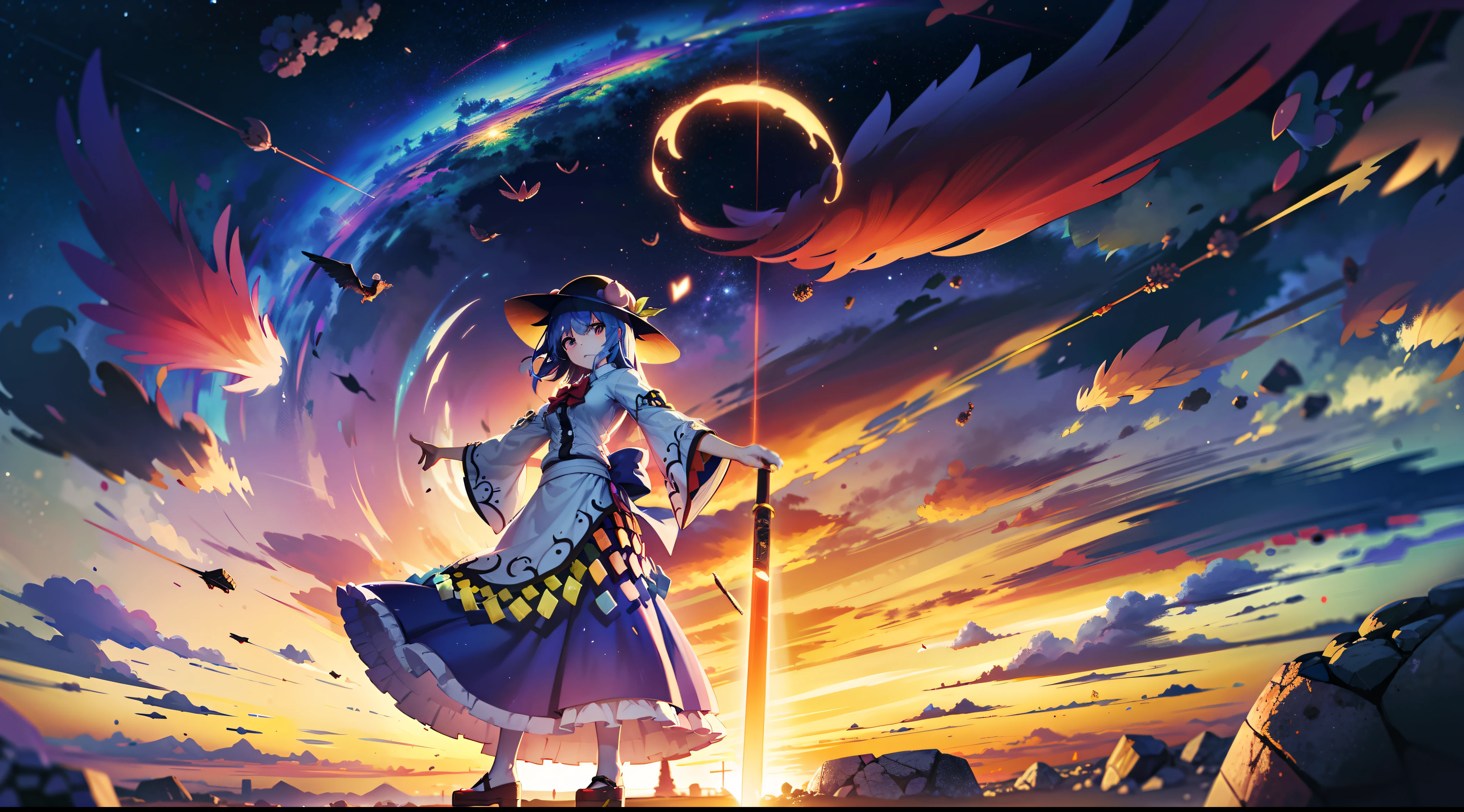 Japanese anime wallpaper 8K，wide angles，Golden ratio composition，HighestQuali，ancientry，（（touhou project）），（（（1girl））），Hinanawi Tenshi，slender figures，skin is soft and smooth，celestial realm，daytime，Clouds，Stand on the rock，Armed with the Sword of Imagination，luz eenvolvente，Soft lighting，Clear facial features，The  is structurally correct，The hands are clear and correct，The costumes of the characters are clear and correct，The details are complete and clear