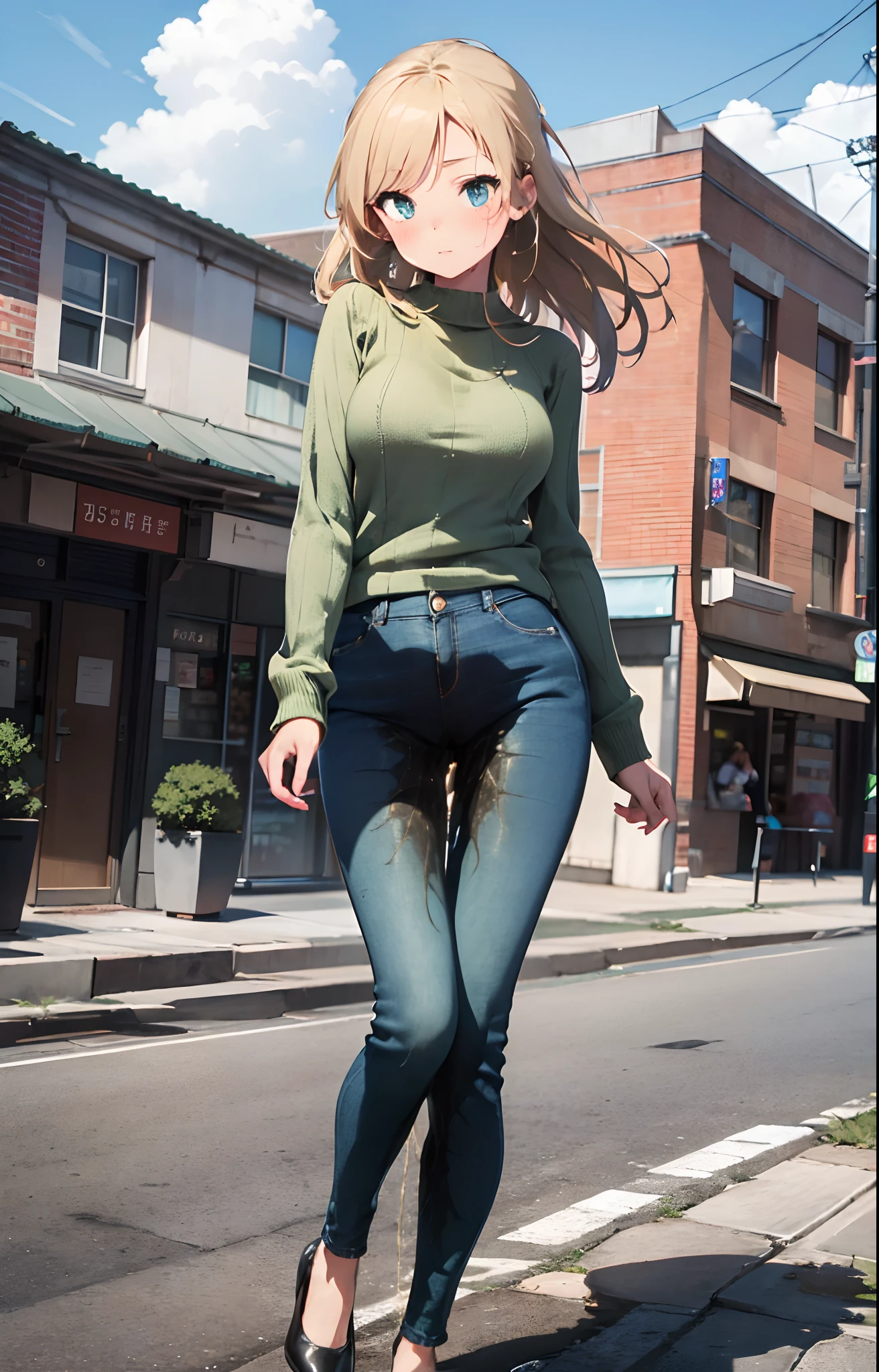 masterpiece, extremery magnificent view, perspective, extremery best quality, extremery detailed CG, 8k wallpaper, high resolution, highly detailed face, highly detailed eyes, perfect anatomy, super detailed skin,
(dynamic angle, dynamic pose:1.2), outdoors, city street, (portrait, legs focus, full body), (beautiful face, beautiful eyes, beautiful legs:1.3), (((((pee stain))))), blush, worried,
1 girl, solo, (green sweater, blue jeans pants:1.3), (skinny jeans:1.3), medium breasts, blonde hair, long hair, straight hair, open forehead, (black heels), blue eyes, skinny, slender, wide hips, thin waist