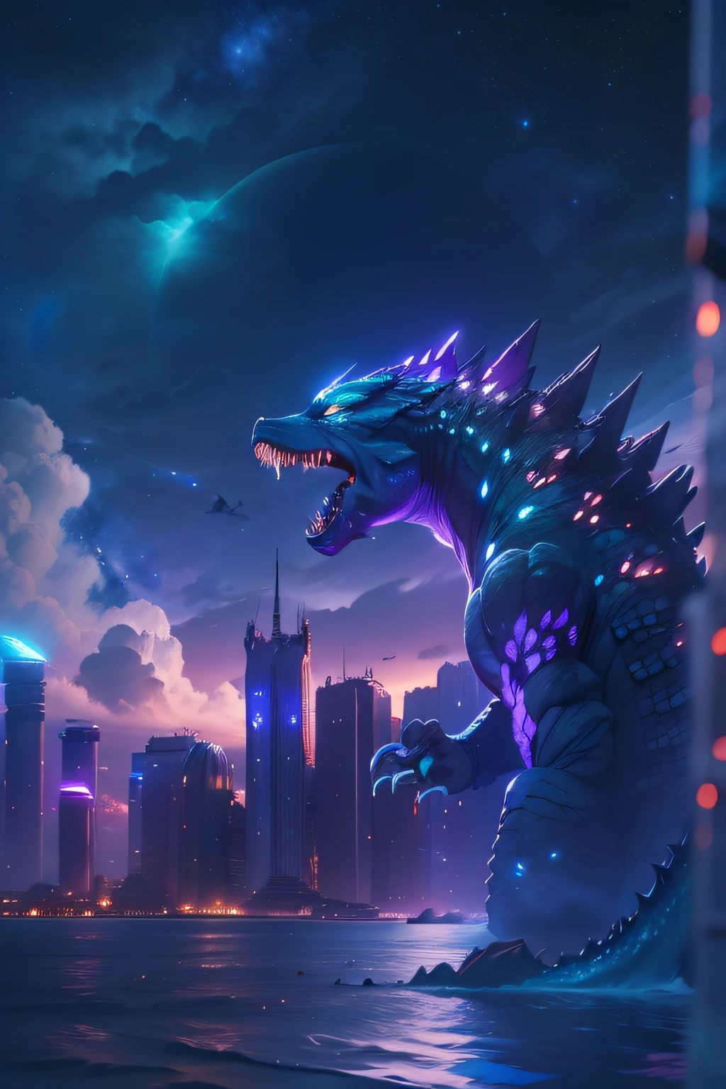 godzilla em close , no fundo uma cidade futurista, estilo scifi, azul e roxo, brilhante, Background of sky at night with many stars and a moon cut in half. hyper realistico