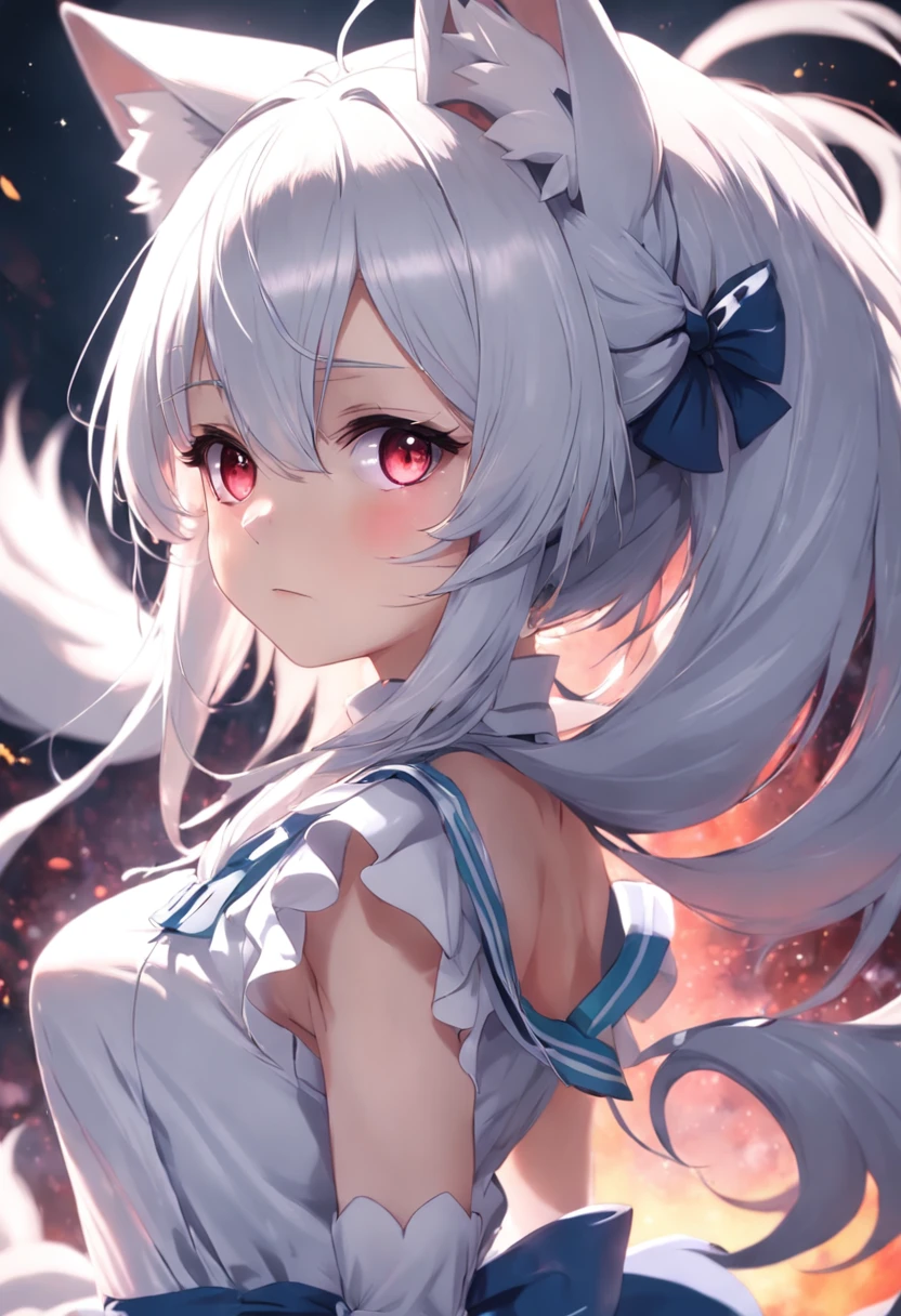 silber hair，The eyes are the same size，Has fox ears，Fox Tail's two-dimensional maid loli