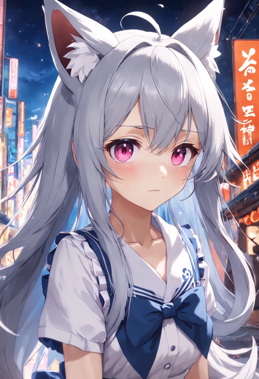 silber hair,The eyes are the same size,Has fox ears,Fox Tail's two-dimensional maid
