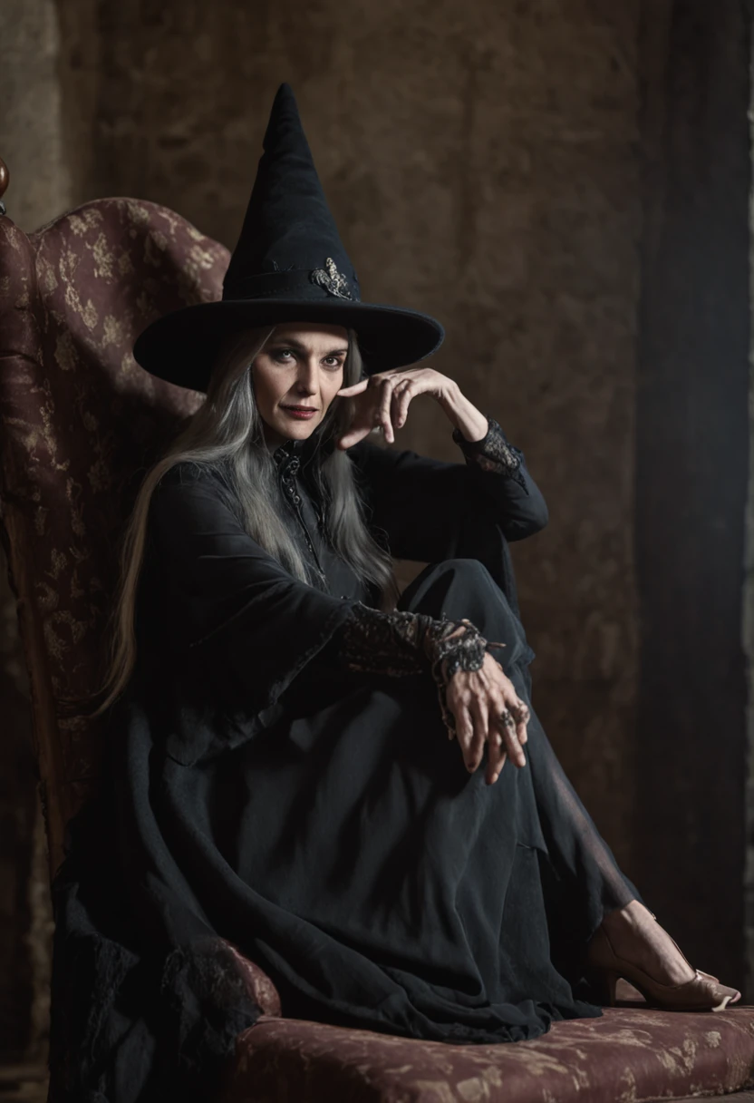 (A very old witch sat in a chair in Cadillau,She was holding a blackbird:1.8,He wears a skull cap on his head:1.6),(dark castle background,unholy,terroral,Sinister face),(wide angles,Ultra HD details,Masterpiece, hyper HD, Super detail, High details, Best quality, A high resolution, Award-Awarded, 8K),(电影灯光)