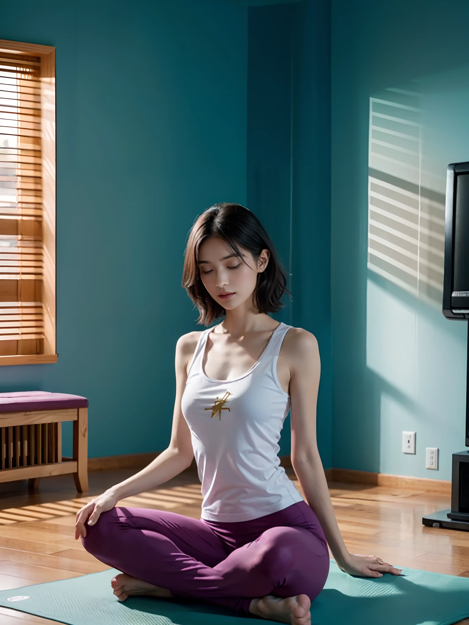 Woman sitting on a yoga mat in a room with a television - SeaArt AI