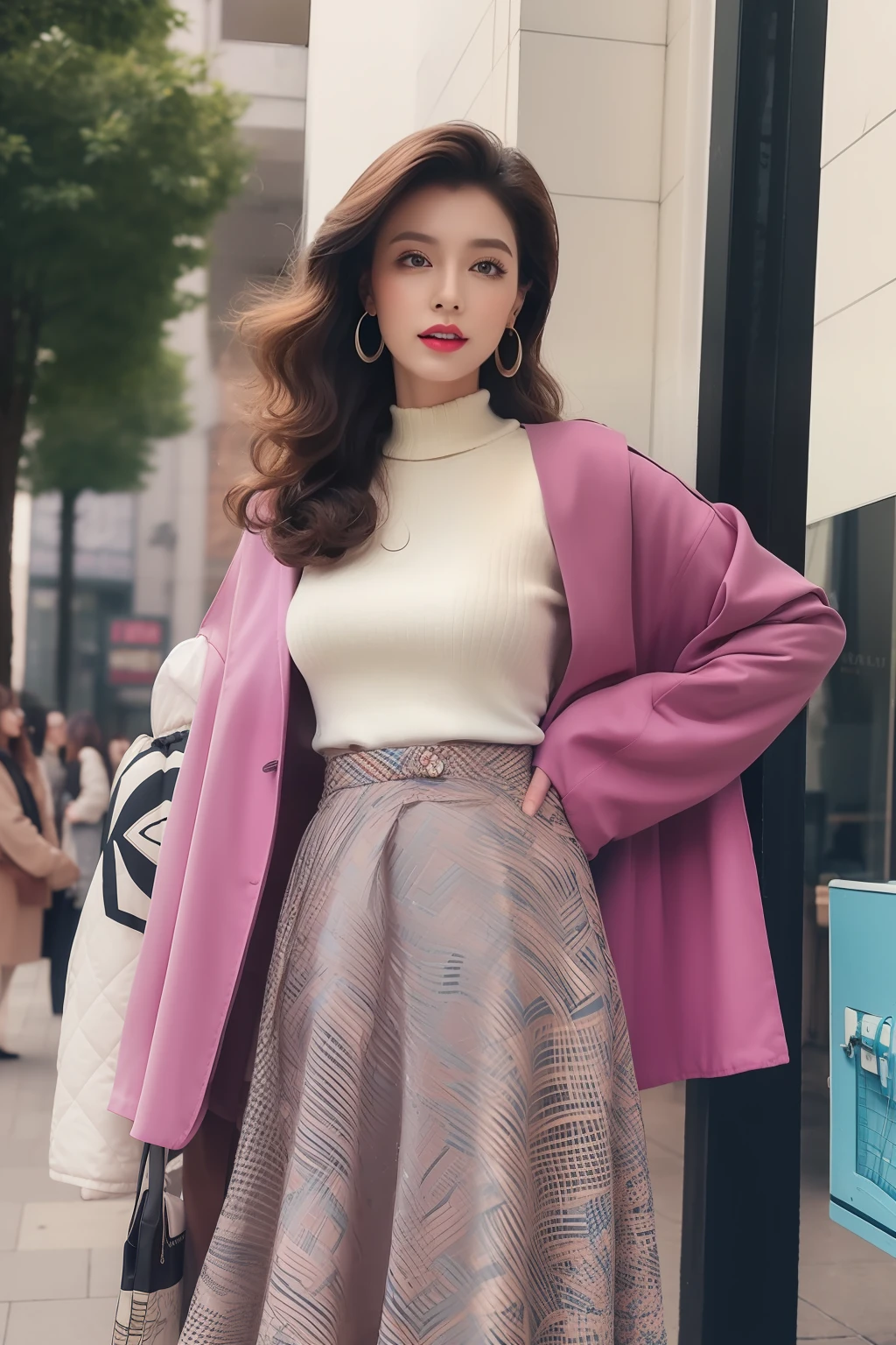 (highy detailed,8K,realisticlying,meticuloso,Real Human)the hair:In women's fashion in the 80s,Hair is usually groomed very thick and fluffy,Popular hairstyles include honeycomb heads,Big waves and fluffy curls。Some women also choose to use hairspray or mud for a more exaggerated hairstyle。 putting makeup on:Emphasis on eye makeup was a characteristic of women in this period。thick bushy eyebrows、Heavy eyeliner and dark eyeshadow are representative of 80s makeup。Lip aspect,Fashionable women usually choose intense red or purple lipsticks,Emphasize lip shape。nipple tops:Common top styles include loose-fitting long-sleeved shirts、Exaggerated style with overly wide shoulders and shoulder pads。Popular fabrics are silk and chiffon。Pattern-wise,Popular motifs include boldgeometric patterns、Animal print、Rubber pattern and cartoon print Manteau:Women in the 80s liked to wear loose and characteristic coats,For example, a loose windbreaker、Straw hat jacket and knitted cardigan。Some coats also come with large buttons and accessories。skirt suit:Popular skirt styles include miniskirts、Midi skirts and A-line skirts。The miniskirt is typical of the 80s style,Accentuate the woman's leg line。Patterns and colors are also varied,Includes bright fluorescent colors and prints。Accessories:Women's fashion in the 80s focused on accessories that matched clothes,Popular accessories include large earrings、Wide waistband、Vintage sunglasses and long necklace。Wrist watch、Bracelets and rings are also indispensable accessories