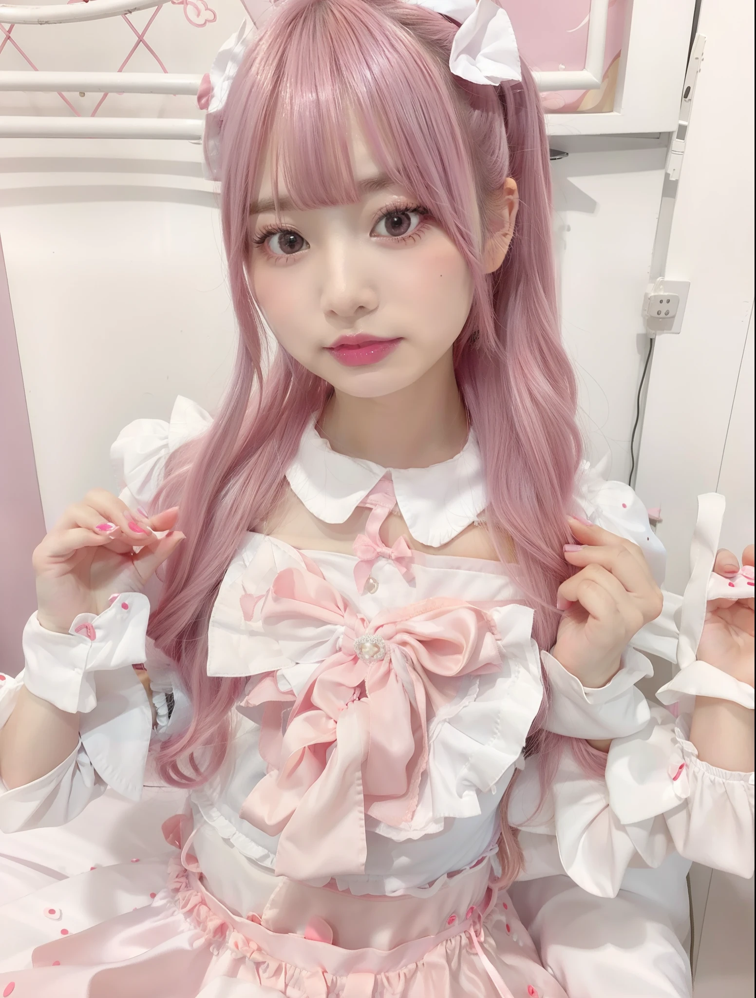 Maid Cafe、Big Maid、Twin-tailed、Pink Satin Ribbon、Pink hair、Pink costume