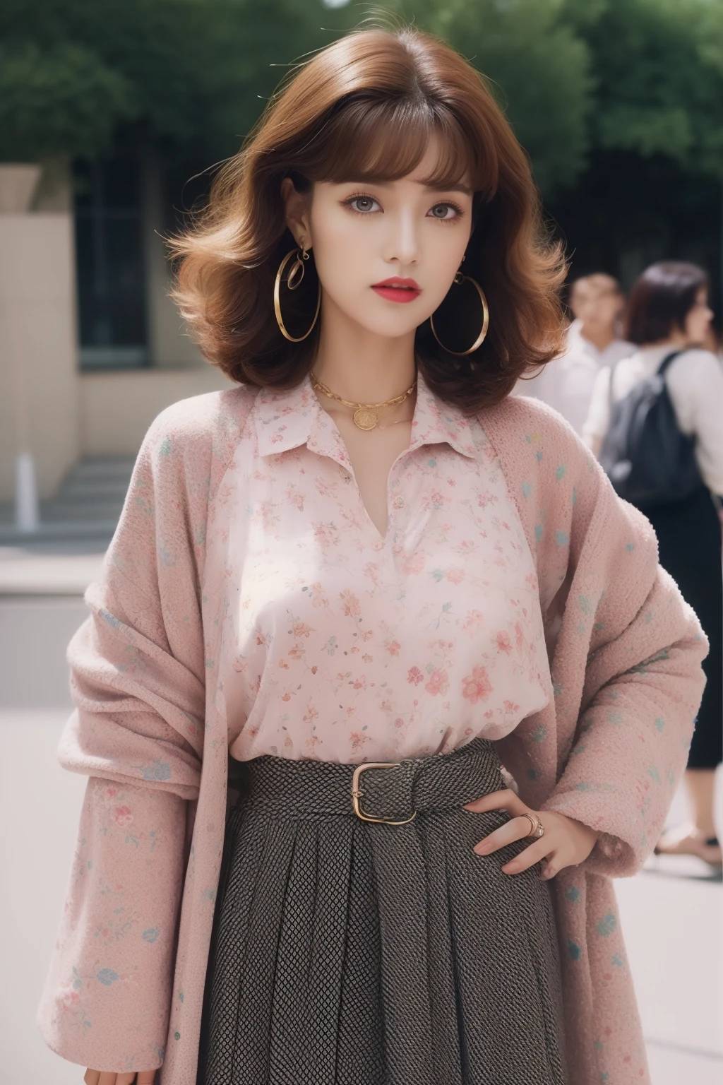 (highy detailed，8K，realisticlying，meticuloso，Real Human)the hair：In women's fashion in the 80s，Hair is usually groomed very thick and fluffy，Popular hairstyles include honeycomb heads，Big waves and fluffy curls。Some women also choose to use hairspray or mud for a more exaggerated hairstyle。 putting makeup on：Emphasis on eye makeup was a characteristic of women in this period。thick bushy eyebrows、Heavy eyeliner and dark eyeshadow are representative of 80s makeup。Lip aspect，Fashionable women usually choose intense red or purple lipsticks，Emphasize lip shape。nipple tops：Common top styles include loose-fitting long-sleeved shirts、Exaggerated style with overly wide shoulders and shoulder pads。Popular fabrics are silk and chiffon。Pattern-wise，Popular motifs include boldgeometric patterns、Animal print、Rubber pattern and cartoon print Manteau：Women in the 80s liked to wear loose and characteristic coats，For example, a loose windbreaker、Straw hat jacket and knitted cardigan。Some coats also come with large buttons and accessories。skirt suit：Popular skirt styles include miniskirts、Midi skirts and A-line skirts。The miniskirt is typical of the 80s style，Accentuate the woman's leg line。Patterns and colors are also varied，Includes bright fluorescent colors and prints。Accessories：Women's fashion in the 80s focused on accessories that matched clothes，Popular accessories include large earrings、Wide waistband、Vintage sunglasses and long necklace。Wrist watch、Bracelets and rings are also indispensable accessories