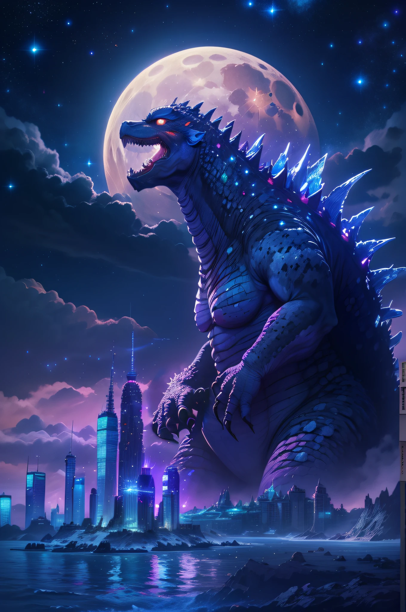 Godzilla stands in front of the city on a full moon night, kaiju towering above new york, godzilla portrait, Godzilla, character portrait of godzilla, giant kaiju dragon monster, manticore, kaiju battle, dan munford. 8 k octane render, 4k highly detailed digital art, high detailed official artwork, wojtek fus