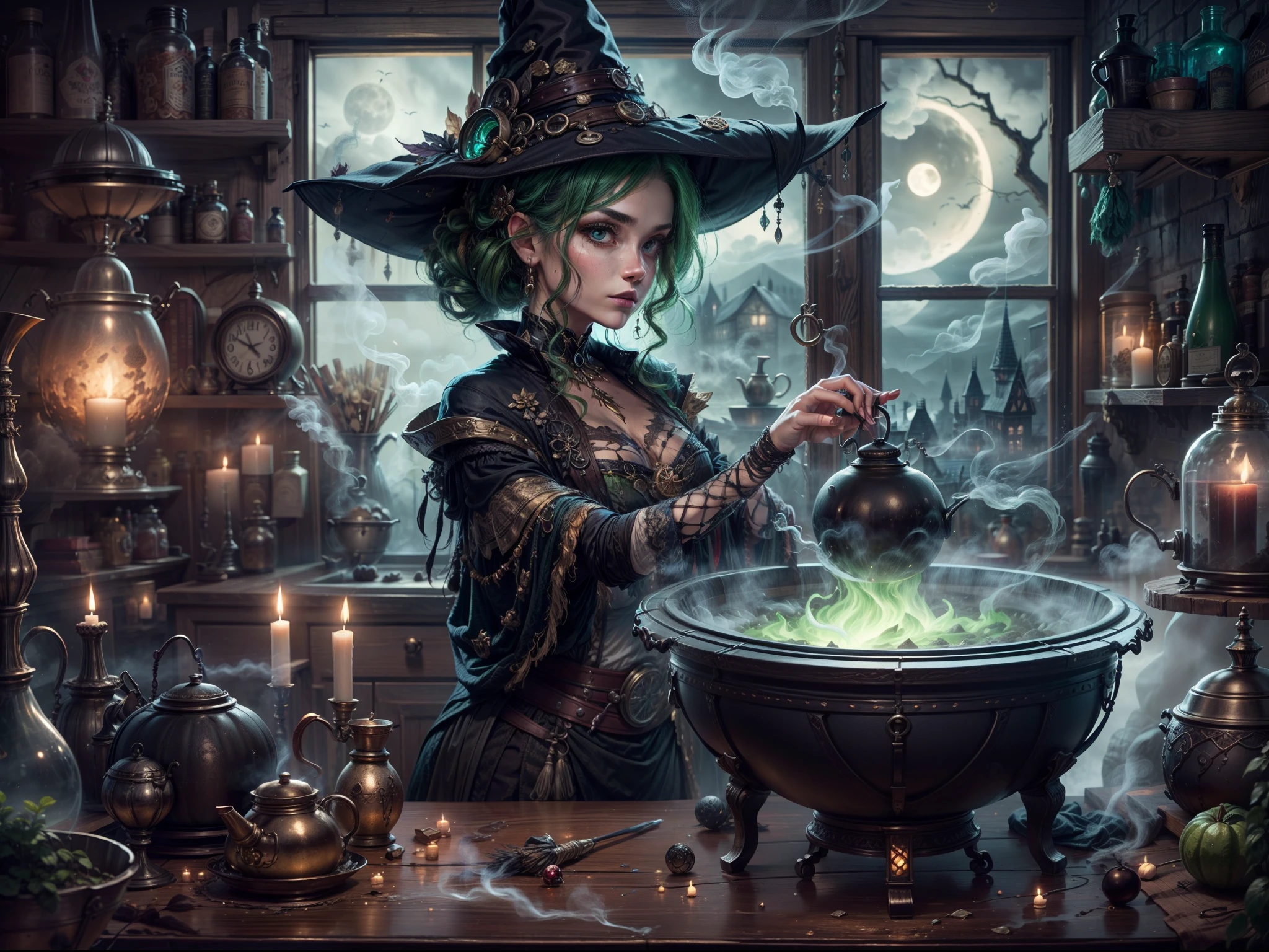 Close up, upper body, detailed face and eyes, detailed outfit, hand behind back,a beautiful witch in her alchemist room, working on her project with a steaming cauldron filled with green glowing smoke, against the backdrop of a fantasy night with a full moon and a view from the window, dressed in a traditional witch outfit.