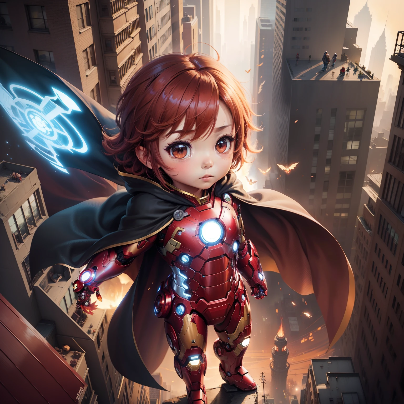 ((Chibi Character)), (Like Iron Man),(cartoon), Fly in the sky in a cloak, street of new york, illustratio,Defeat monsters,