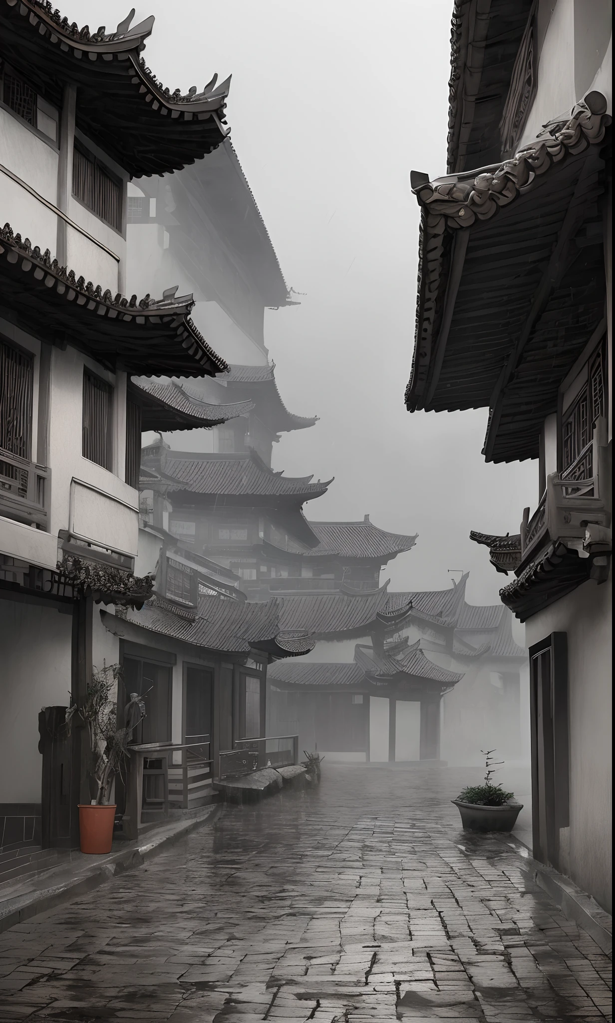 there is a black and white photo of a narrow street, a digital painting by Wang Yi, tumblr, digital art, dreamy chinese town, chinese village, old asian village, ancient city of white stone, ancient city streets behind her, rainy scene, rainy and gloomy atmosphere, black and white matte painting, video still, zhuoxin ye, whitewashed buildings