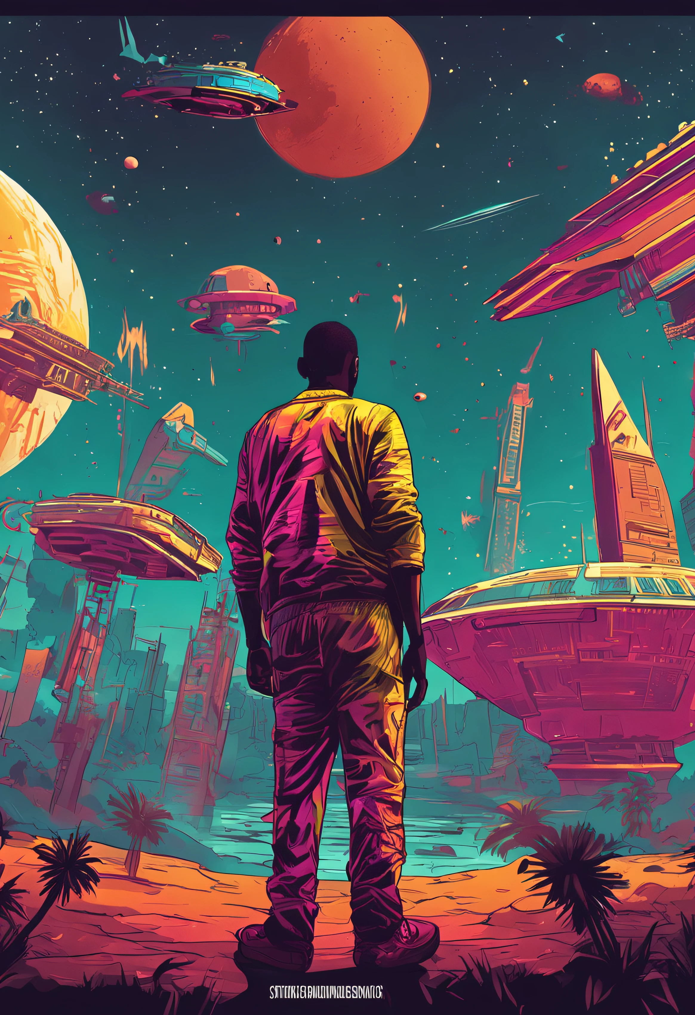 african rap musician falling from a spaceship down to earth