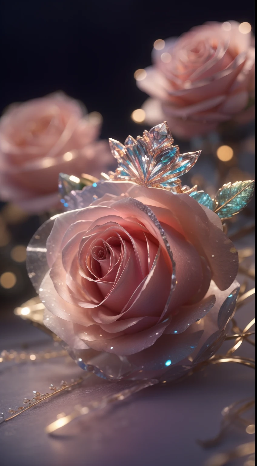 Crystal Fantasy, roses, (lying Diadem, tiara, crown), Full color, toe up, Transparent, Shallow depth of field, nefritovoe boke, Sparkling, Sparkling, awesome, Colorful,
magical photography, dramatic lighting, photo realism, overdetalization, 4k, Depth of field, hight resolution