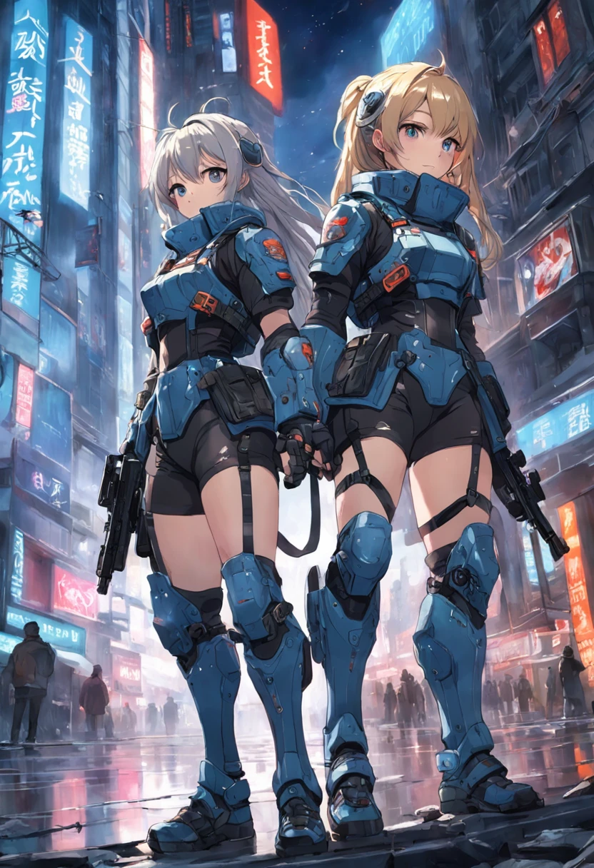 Japan Anime Style、1人の女性、Near future、Bikini costumes、Armor on part of the chest、Armor from the sides to the elbows、Thigh-to-toe armor、Assault rifle in right hand、Pistol in the holster of the left thigh、Carry a shotgun on your back、I have long light blue hair up、with intercom、With bangs、Light blue eyes、Increased exposure