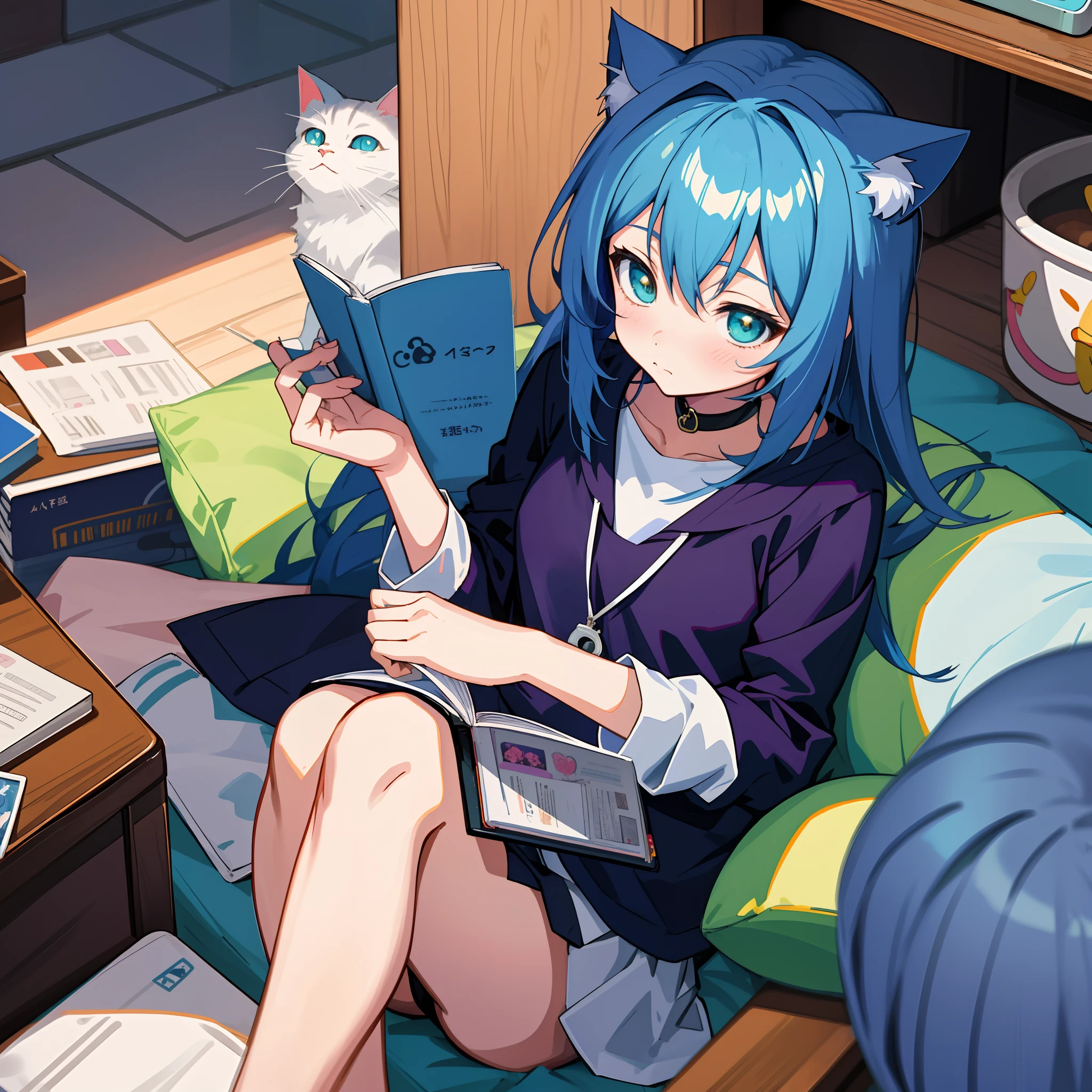 Anime girl sitting on bed,There is a cat and a laptop, anime moe art style, anime girl with cat ears, cute anime catgirl, beautiful anime catgirl, anime catgirl, Very beautiful anime cat girl, style of anime4 K, anime cat, trending on artstation pixiv, nightcore, Digital anime illustration, Anime girl with teal hair